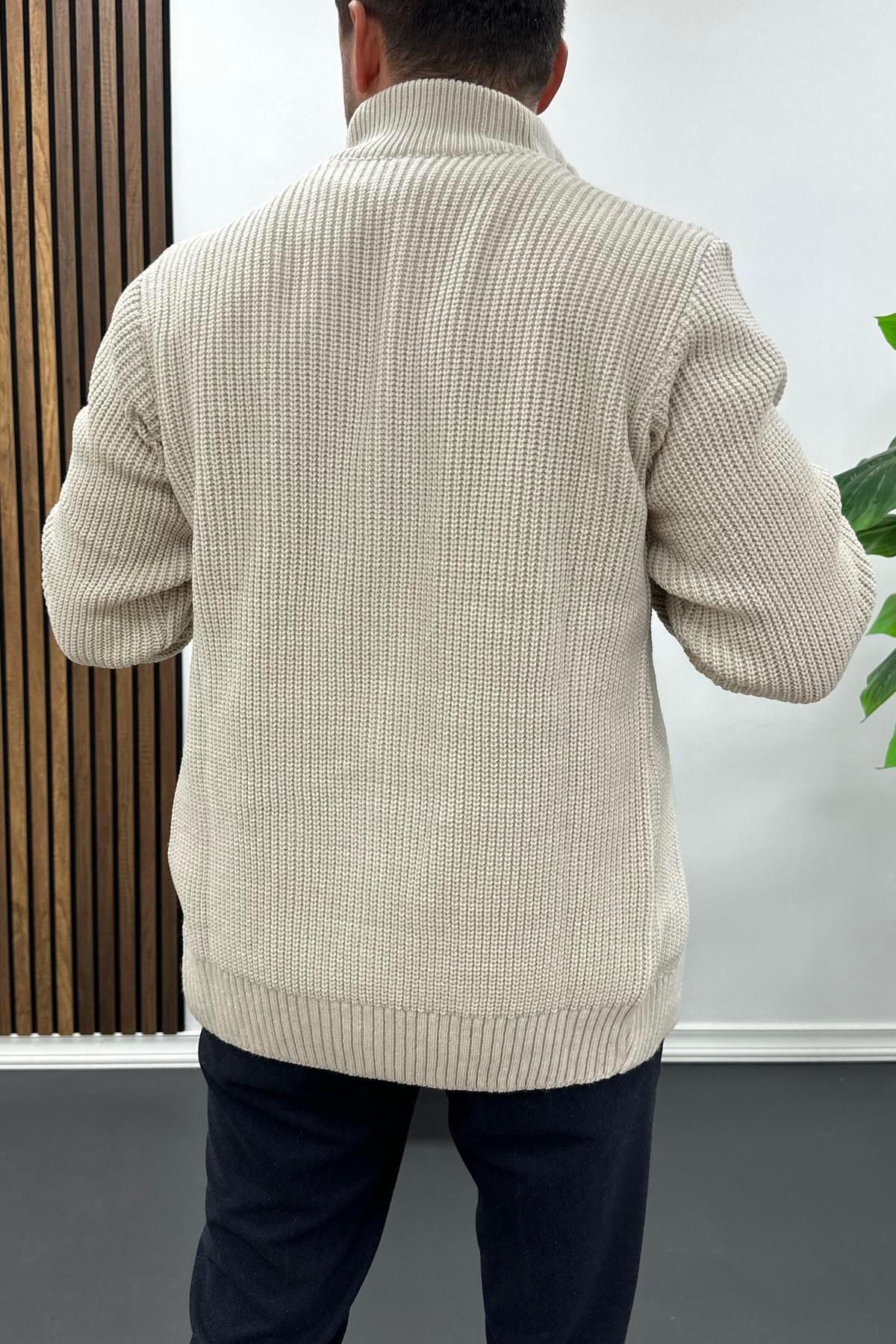 Erkek Slim Fit Fermuarlı Hırka Vizon Edw434 — قهوه‌ای EDW00TX434 — تصویر 4 از 4