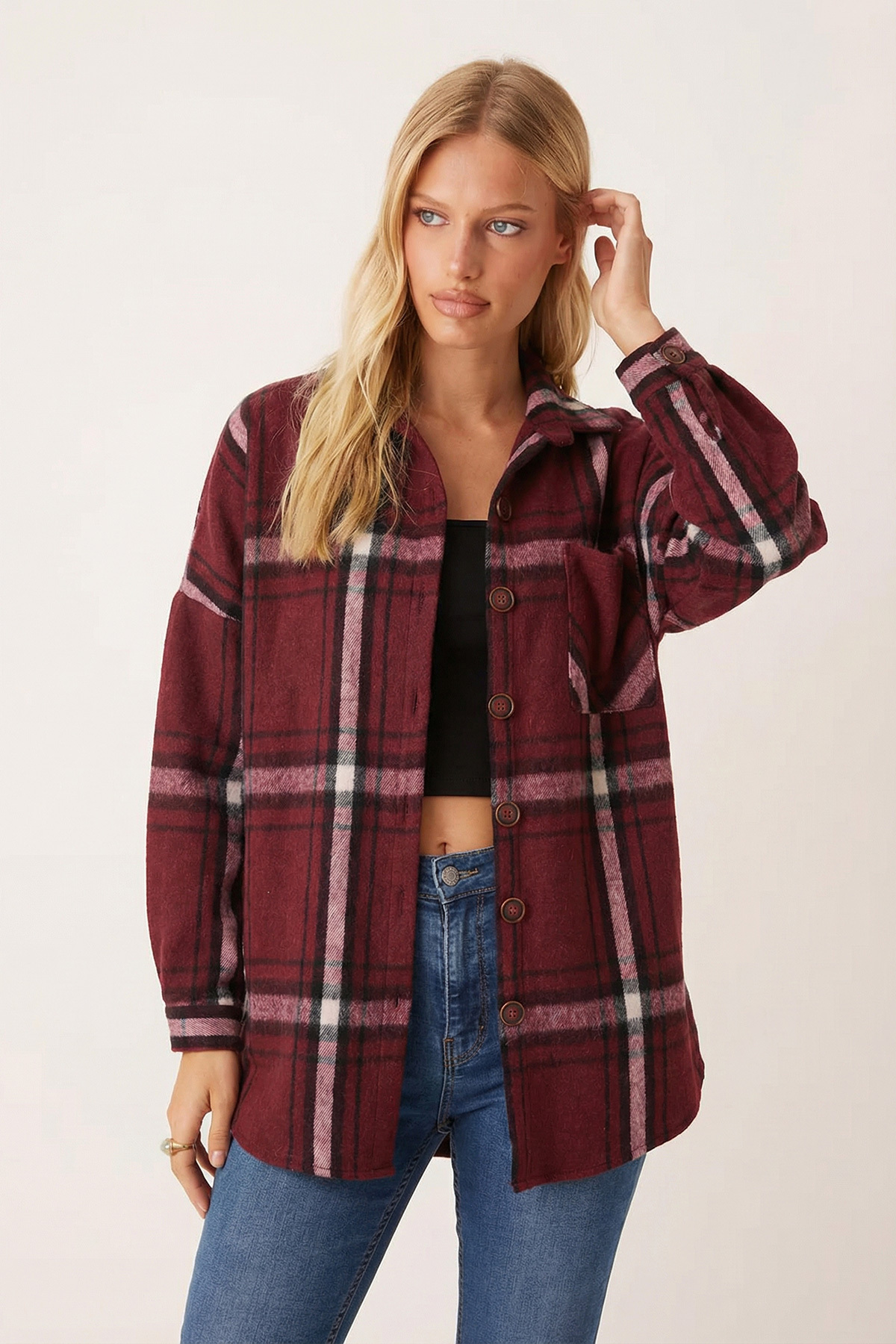 armonika Kadın Koyu Bordo Oversize Ekoseli Kaşe Cepli Oduncu Gömlek ARM-26K001089