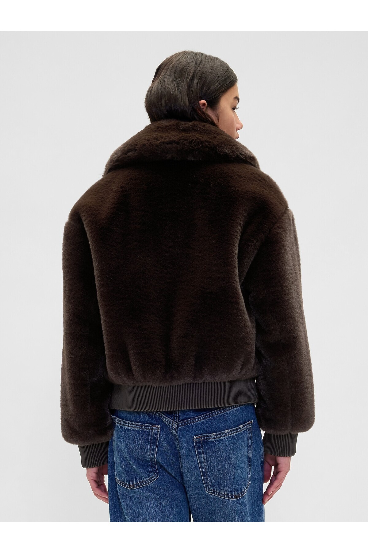 GAP  Kadın Koyu Kahverengi Faux-Fur Bomber Ceket - Görsel 5