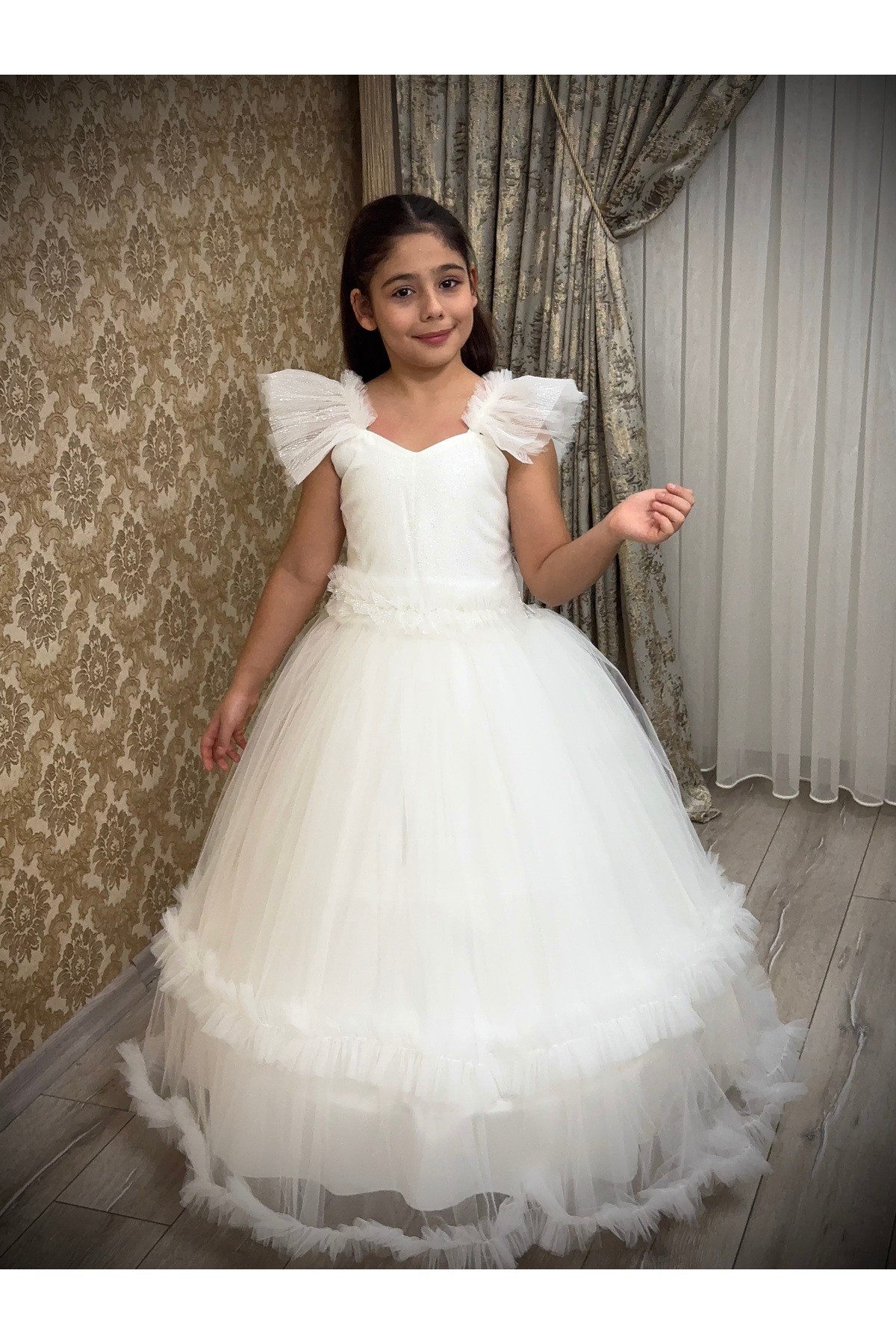 tuha kids design Prenseslere özel tül detaylı fırfırlı gelinlik kız cocuk abiye kız cocuk elbise