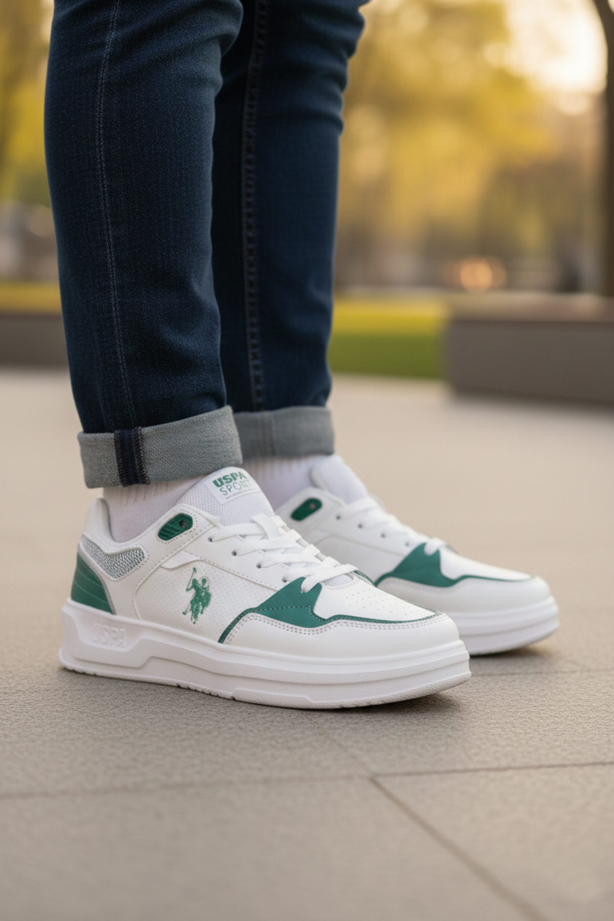 یو اس پولو کفش کتانی مردانه چرم، سبک، راحت، کفش ورزشی، سفید-سبز