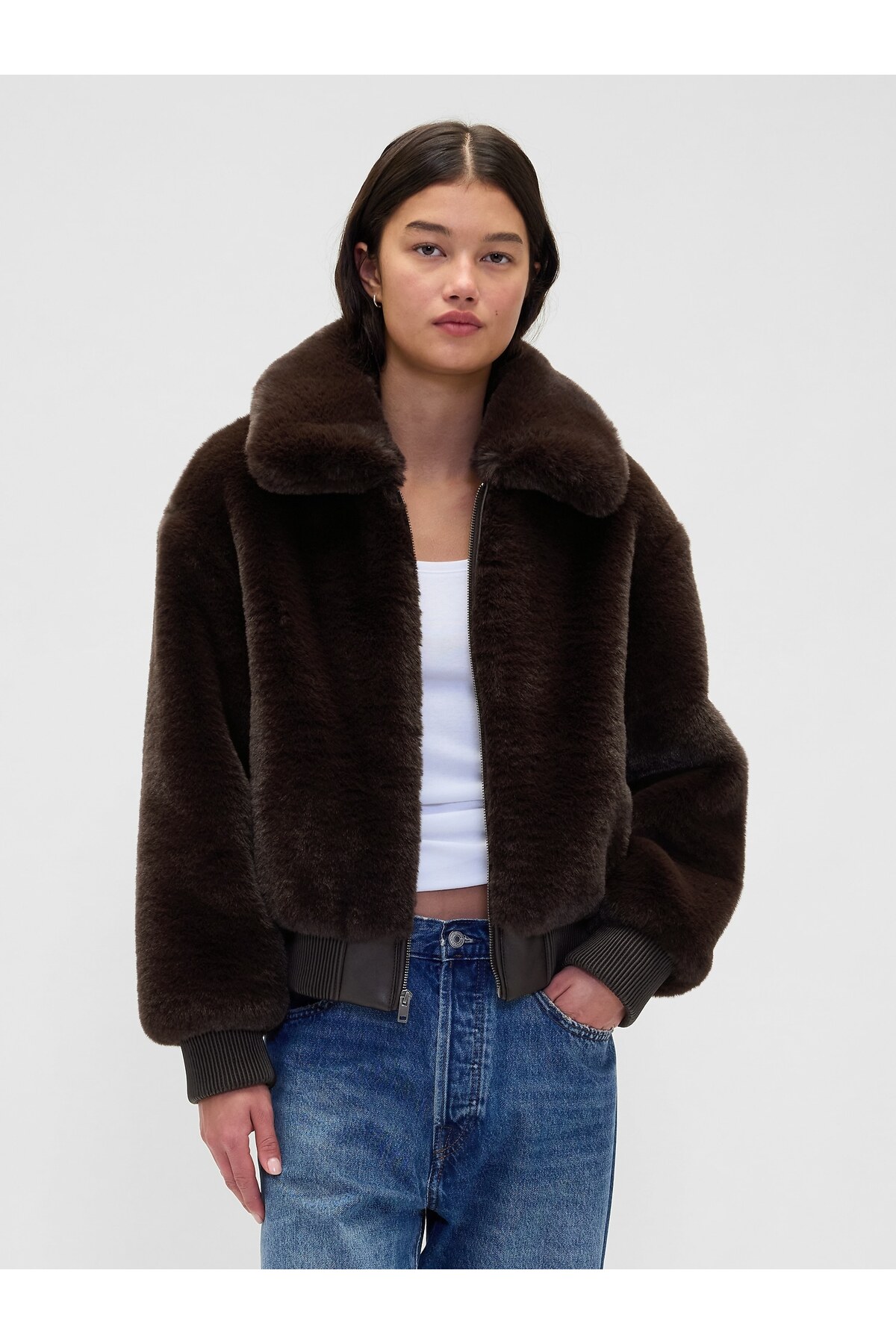 GAP  Kadın Koyu Kahverengi Faux-Fur Bomber Ceket