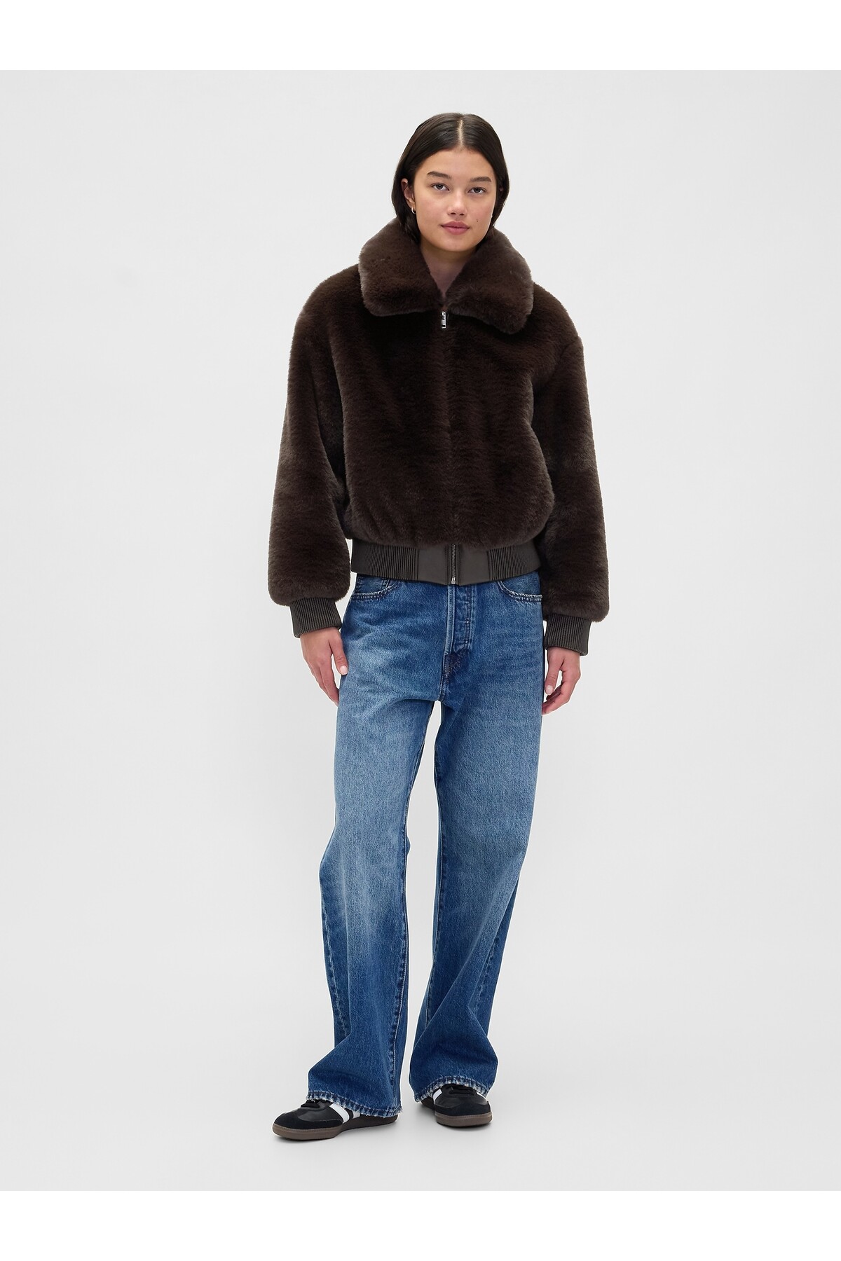 GAP  Kadın Koyu Kahverengi Faux-Fur Bomber Ceket - Görsel 6