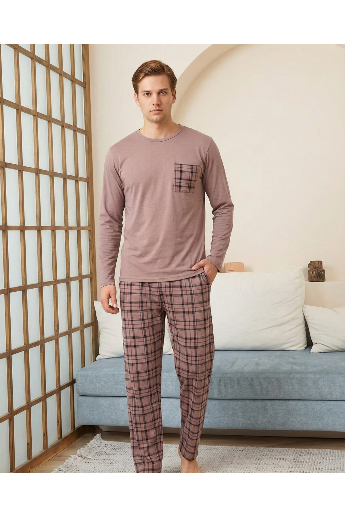 STELLAPİNK Erkek Penye Ekoseli Siyah Uzun Pijama Takımı