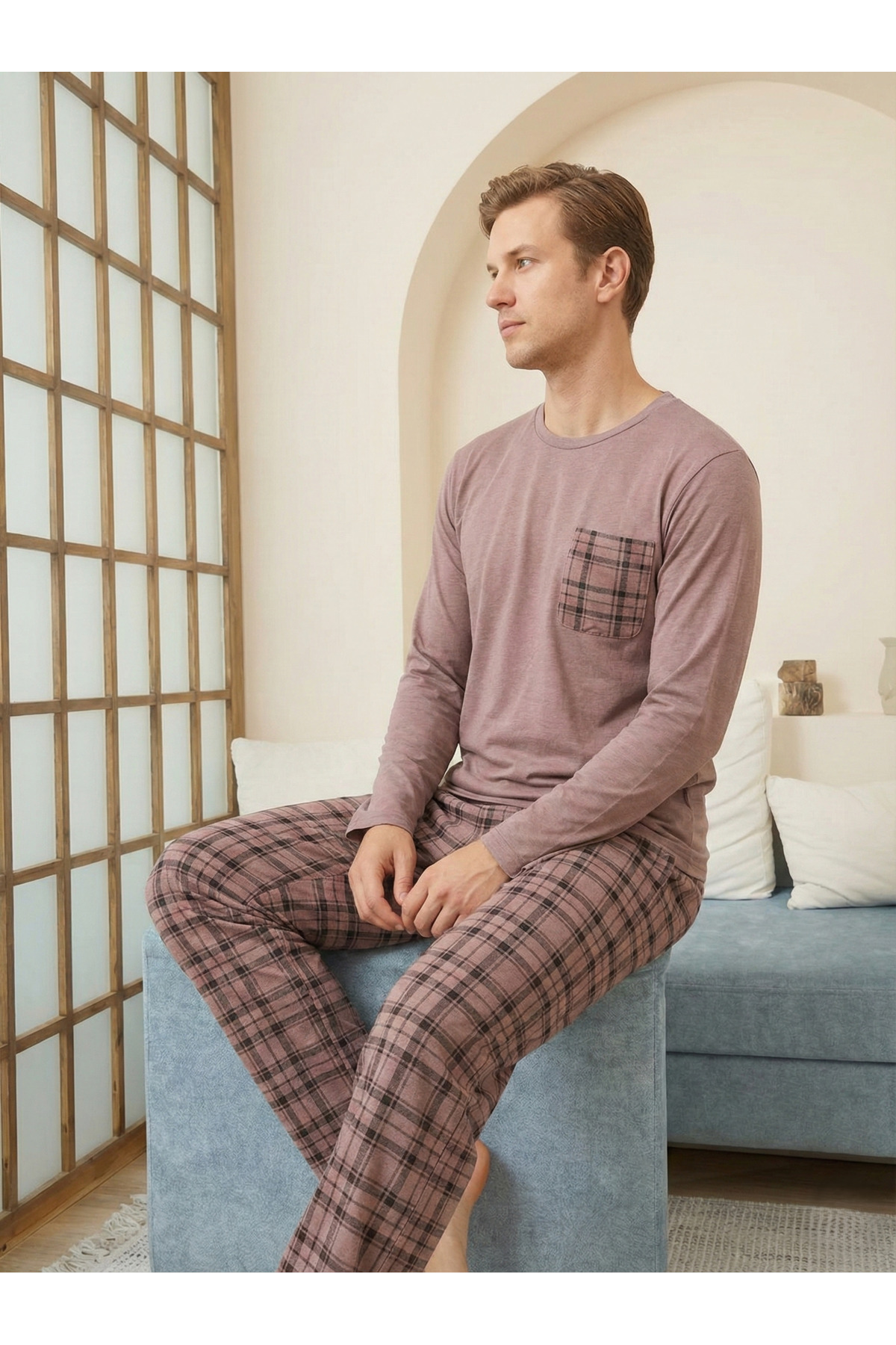 STELLAPİNK Erkek Penye Ekoseli Siyah Uzun Pijama Takımı görsel 3