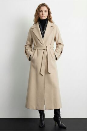 Nahide Kadın Bej Uzun Kemerli Kaşe Kaban – Bileğe Kadar Astarlı, 2 Cepli