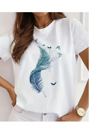 shi dumanlar giyim Unisex Dik Yeşil Tüy Baskılı Oversize T-Shirt tshirt tişört