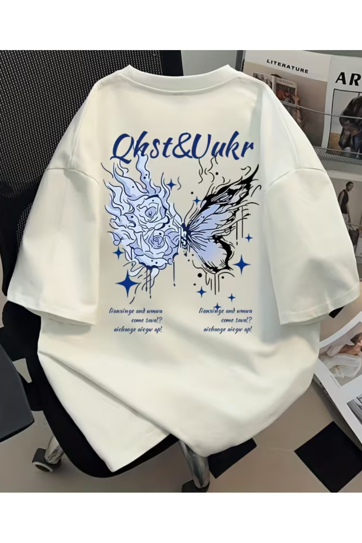 shi dumanlar giyim  Oversize Ohst Kelebek Ön ve Arka Baskılı Unisex /Bay T-Shirt tshirt tişört - Görsel 2