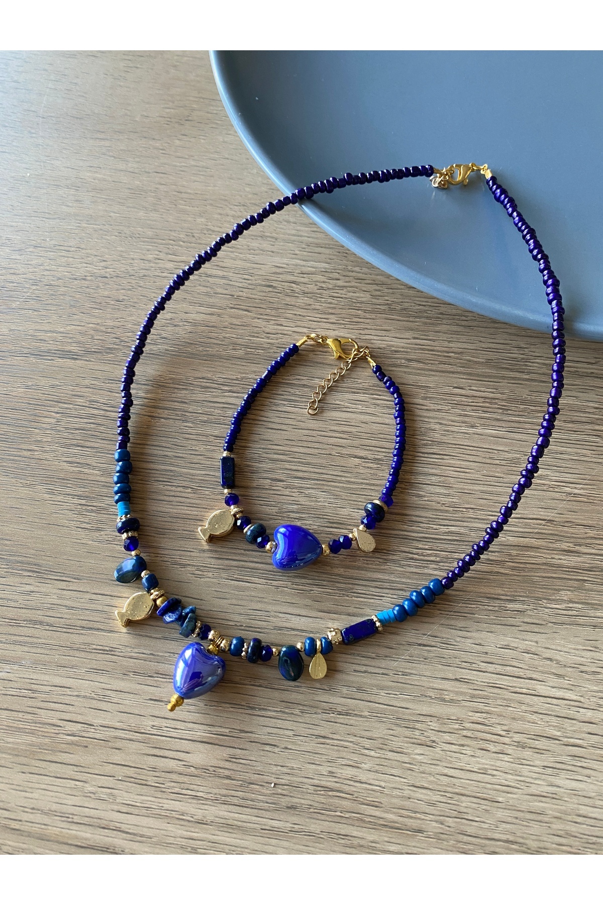 dela otantik Kalp Uçlu Boncuklu Kolye ve Bileklik Seti – El Yapımı Minimal Bohem Otantik Bijuteri Takı (3 Renk )