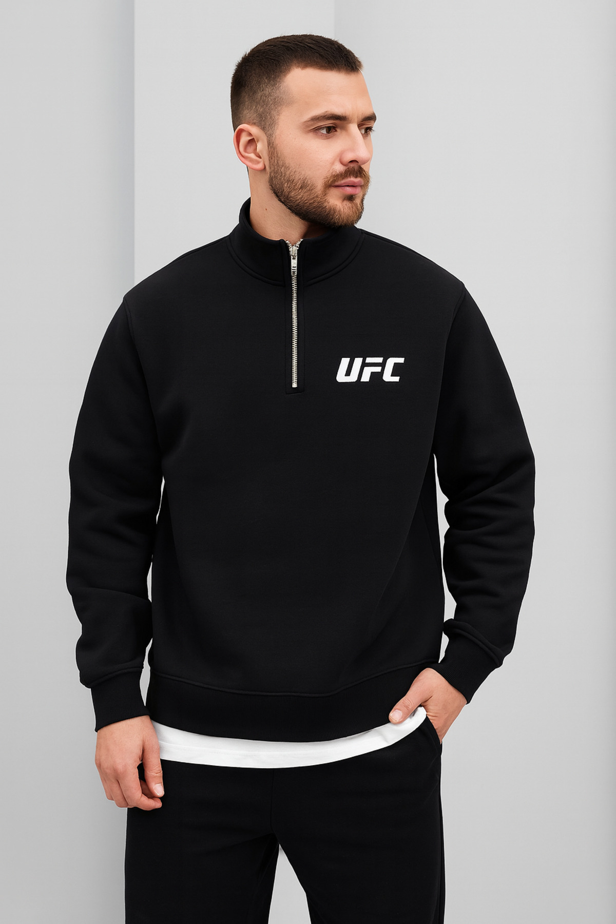 Unisex Yarım Fermuarlı 3İPLİK(Şardonlu) Kışlık UFC Baskılı Pamuklu Sweatshirt — مشکی UFCYRMFRMR — تصویر 2 از 2