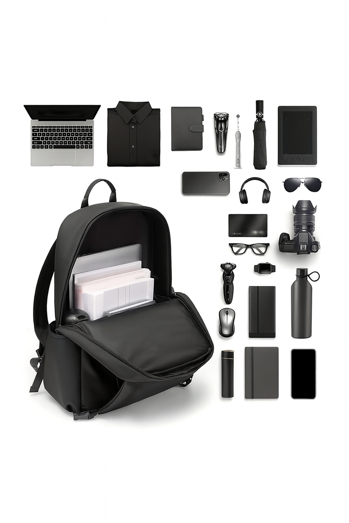 D'VERS  Siyah 4 Bölmeli Su İtici Fermuar Detaylı 15.6-16.1-16.9 Inç Uyumlu Siyah Sırt Laptop Çantası - Görsel 2