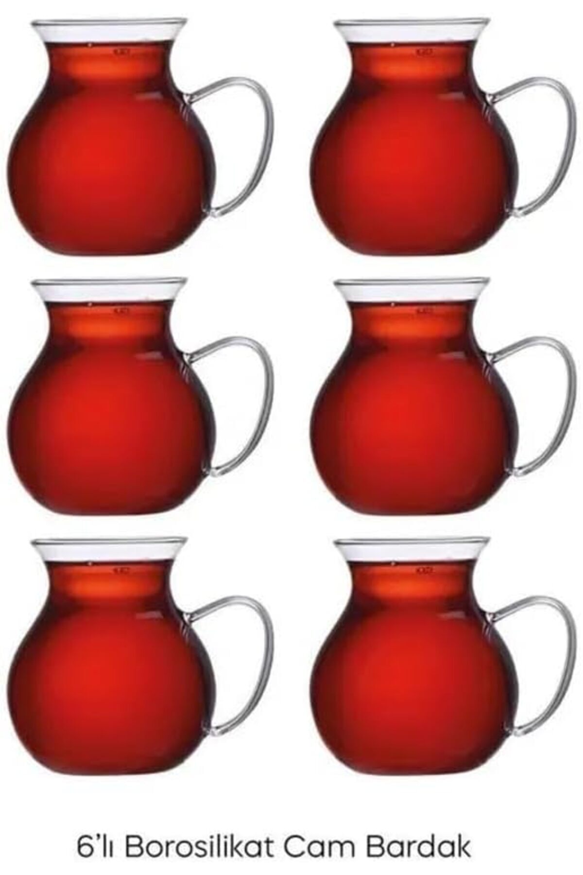 BRF BFSX Borosilikat Cam Çay Bardağı Seti, Çizgili Desenli, Kulplu, 6 Adet, Tombul Fincan Tasarımı Çizgi