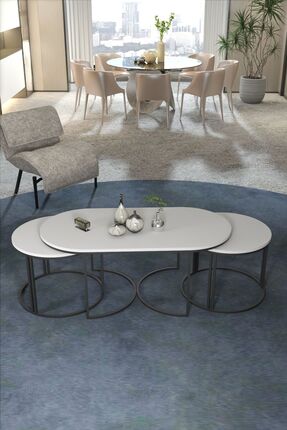 Sepetink ORTA SEHPA ZİGON SEHPA YAN SEHPA 3 LÜ SET DOLUNAY BEYAZ