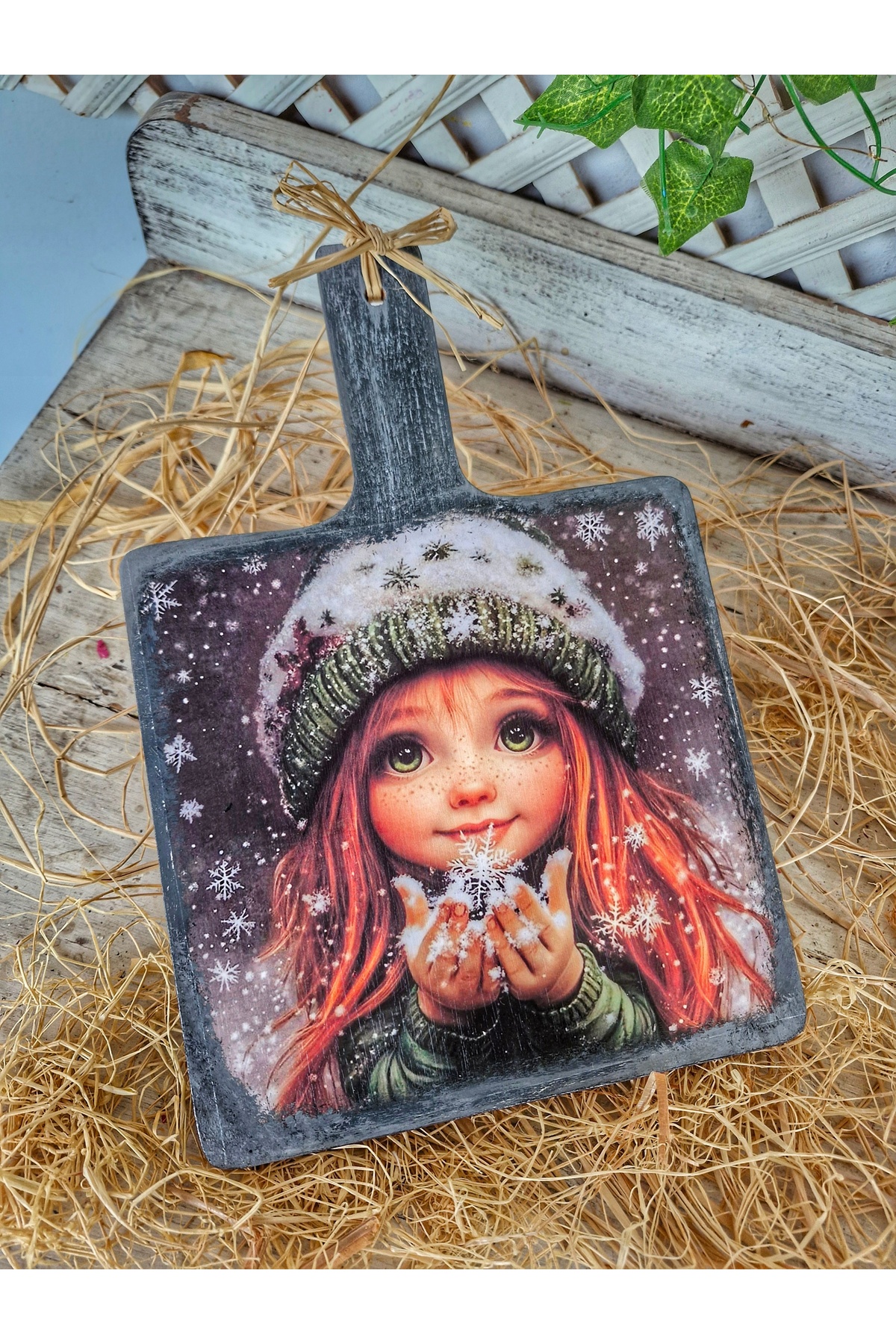 Snow-themed,country girl patterned flipchart, New Year's gift, handle included 20×30cm