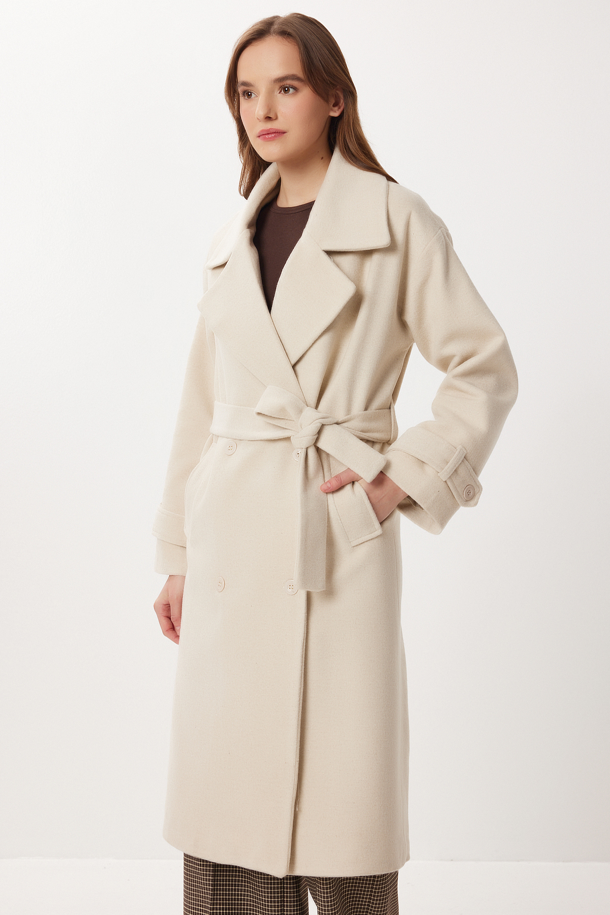 Lovelyİstanbul  Kruvaze Yaka Kuşaklı Kaşe Kaban LDW0007 KREM MELANJ - Görsel 2