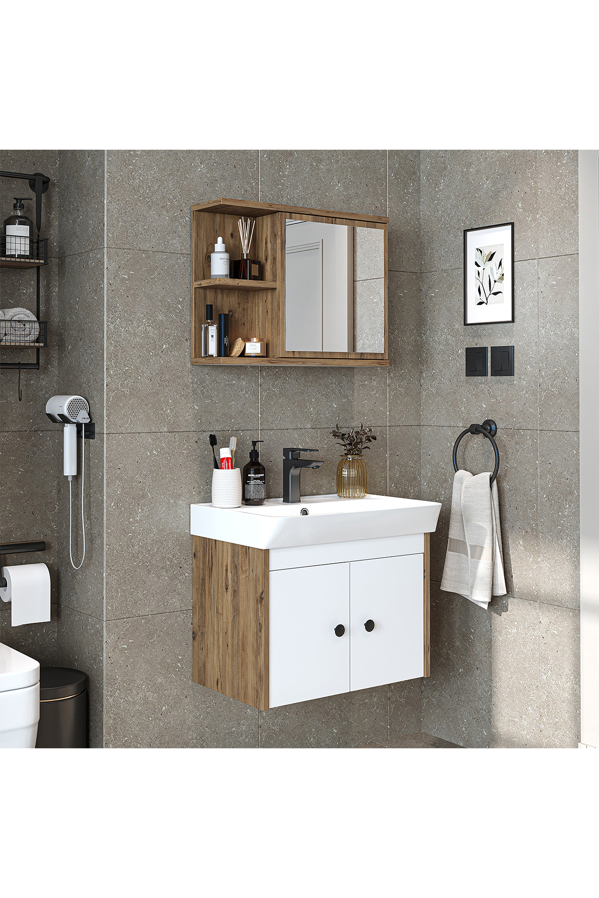 Matte Chipboard with Sink 60 cm Bathroom Cabinet + Mirrored Top Cabinet