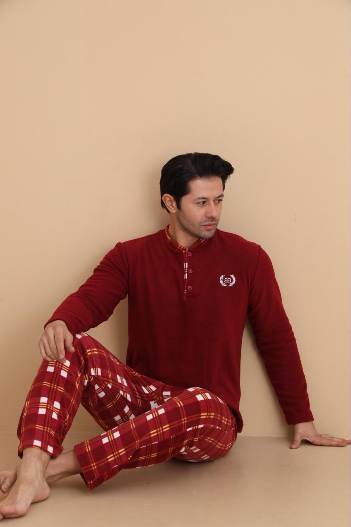 STELLAPİNK Kırmızı Beyaz Ekose Desenli Polar Erkek Pijama Takımı