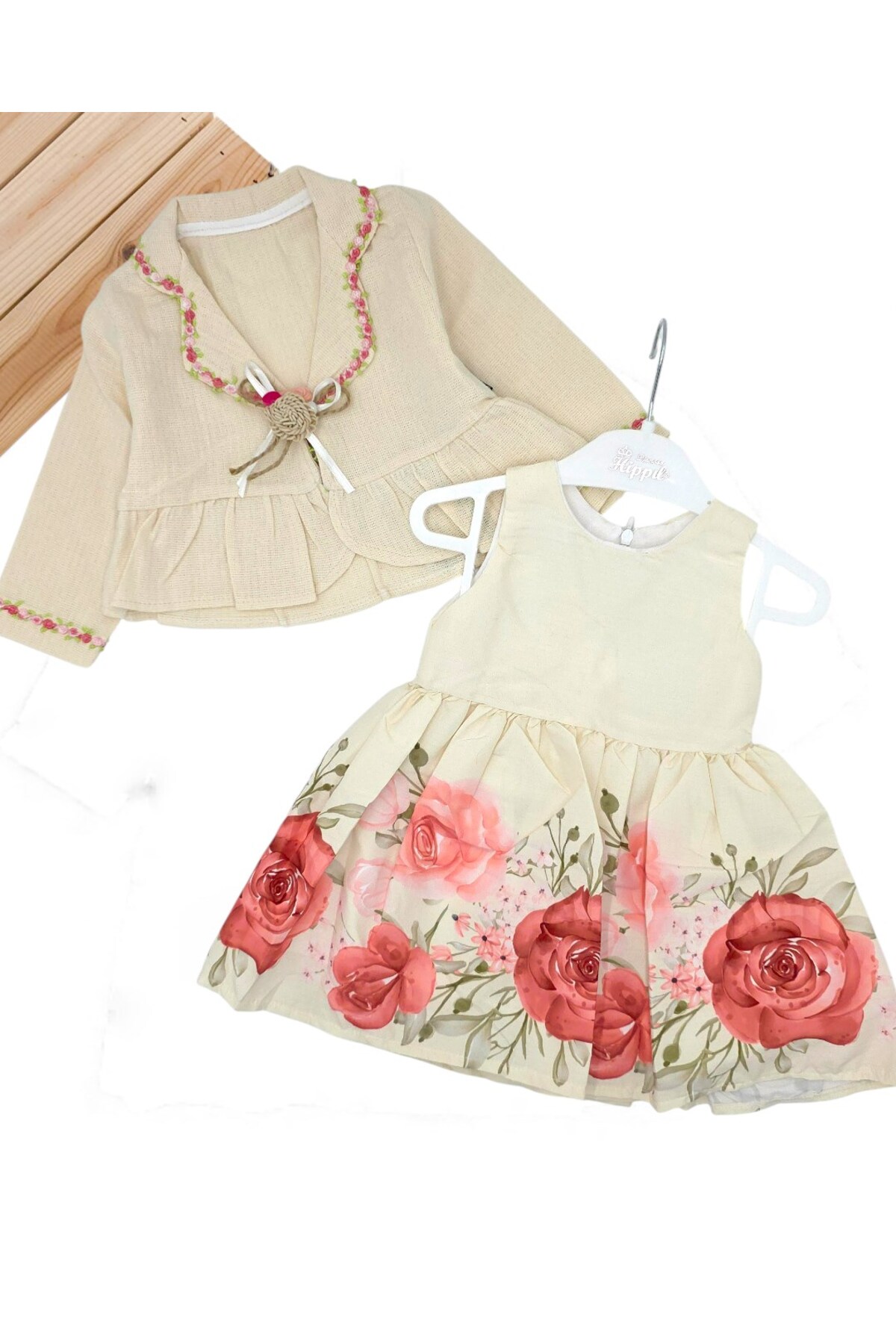 Ege Bebek Kız Bebek 1-2-3 Yaş Gül Detaylı, Bolerolu 2 Parçalı Elbise Elbise fotoğrafı 2 (önizleme)