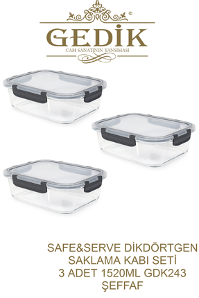 Gedik Glass Safe&Serve Dikdörtgen Kilitli Cam Saklama Kabı Isıya Dayanıklı 3 ...