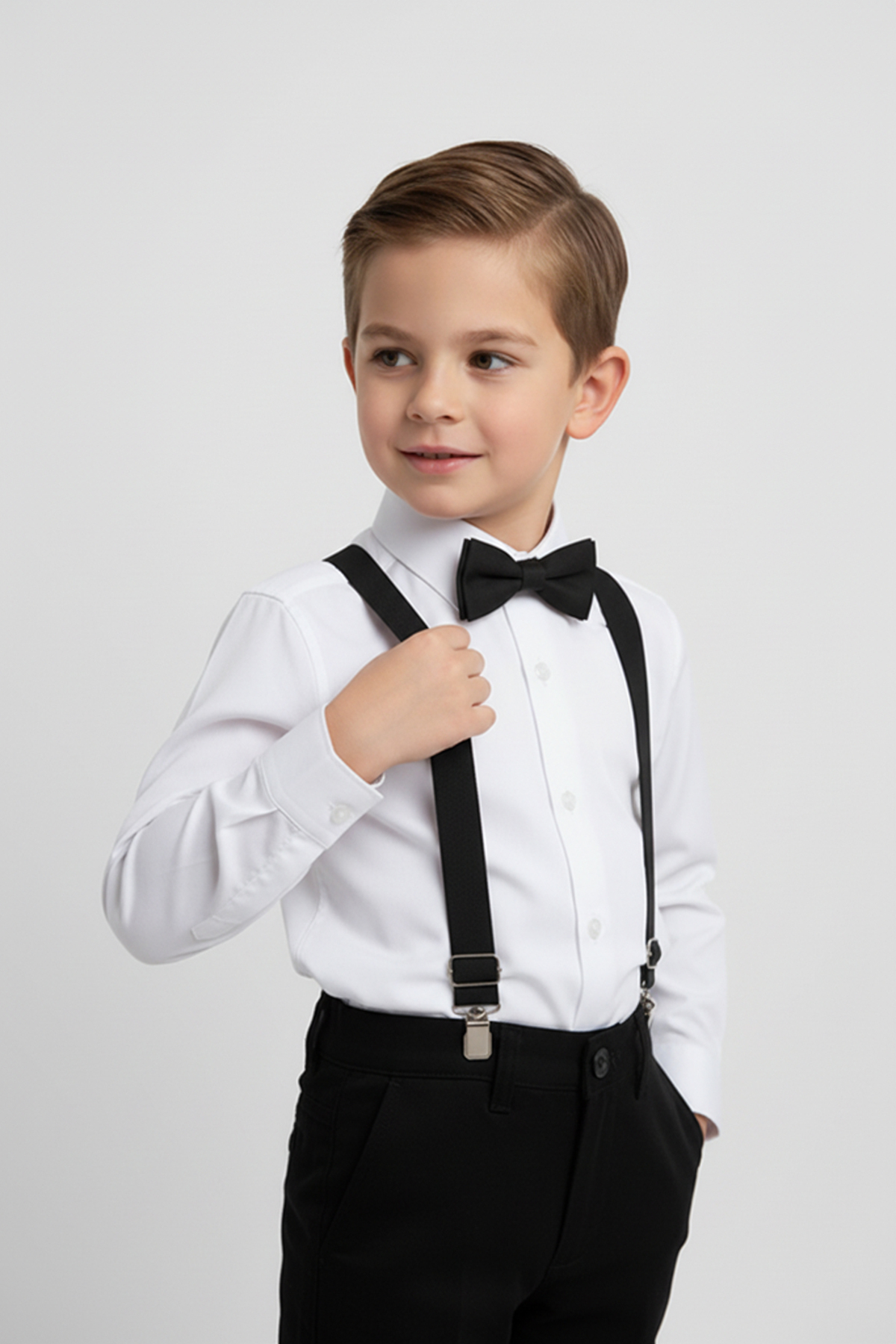 Boys Long Sleeve White Shirt and Black Strap Bow Tie Set