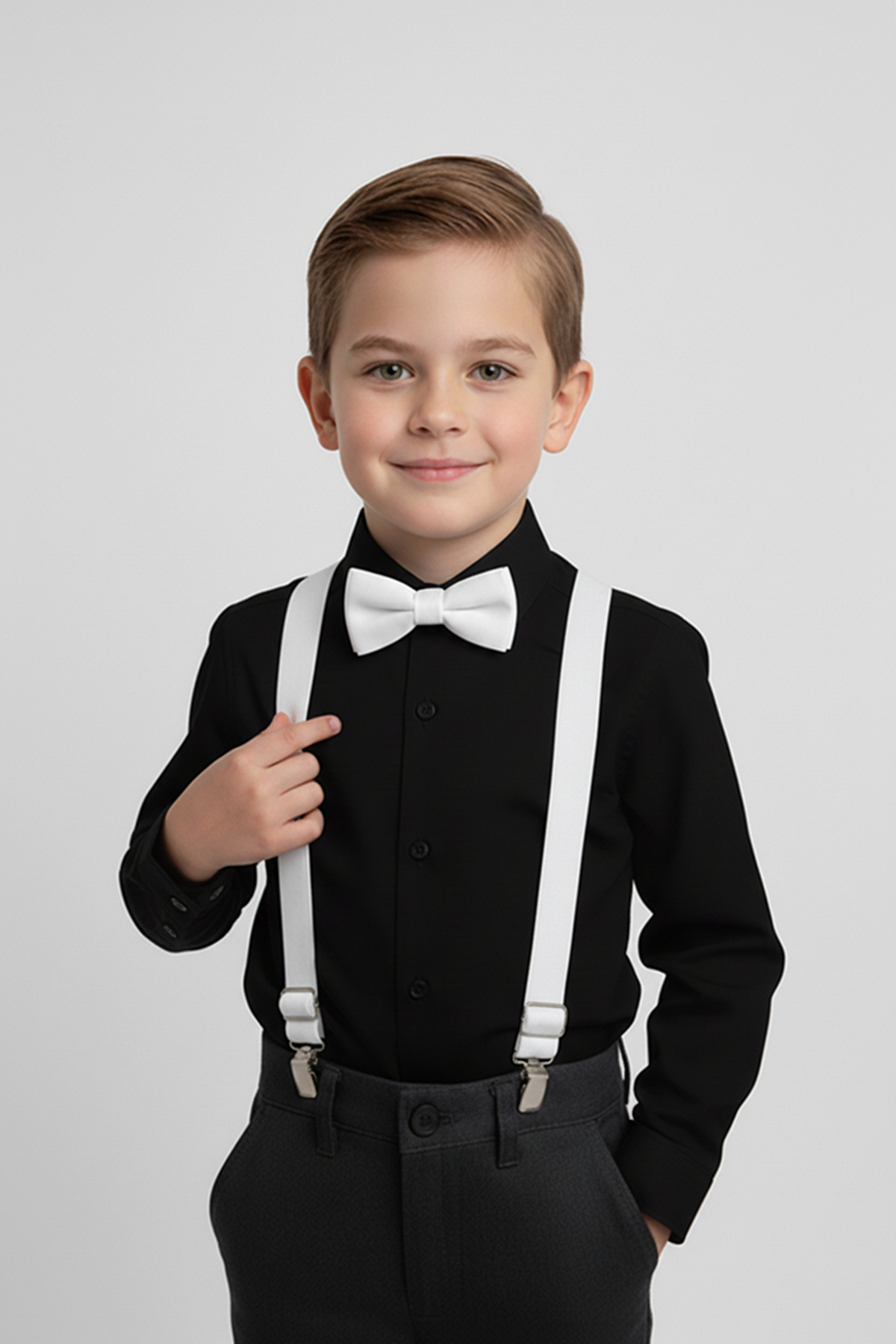 Boys Long Sleeve Black Shirt and White Strap Bow Tie Set