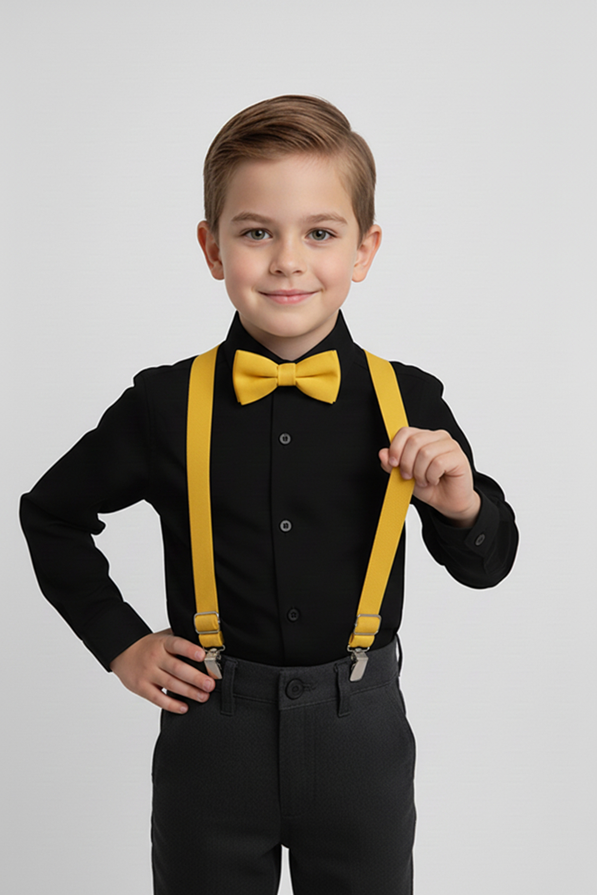 Boys Long Sleeve Black Shirt and Yellow Strap Bow Tie Set