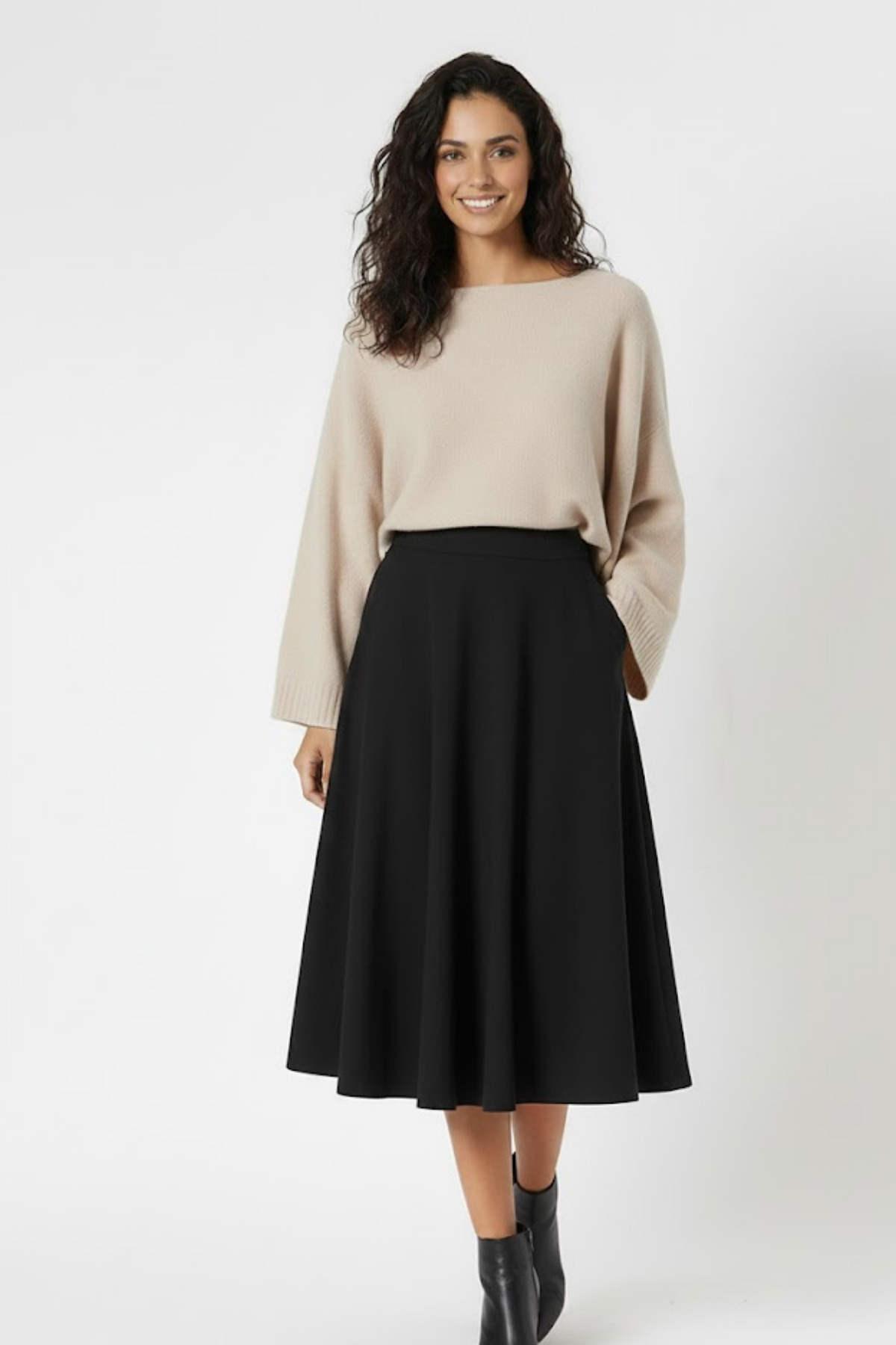 Devinka  Kadın Bej Yarasa Kol Yumuşak Doku Kayık Yaka Triko Kazak - Görsel 3