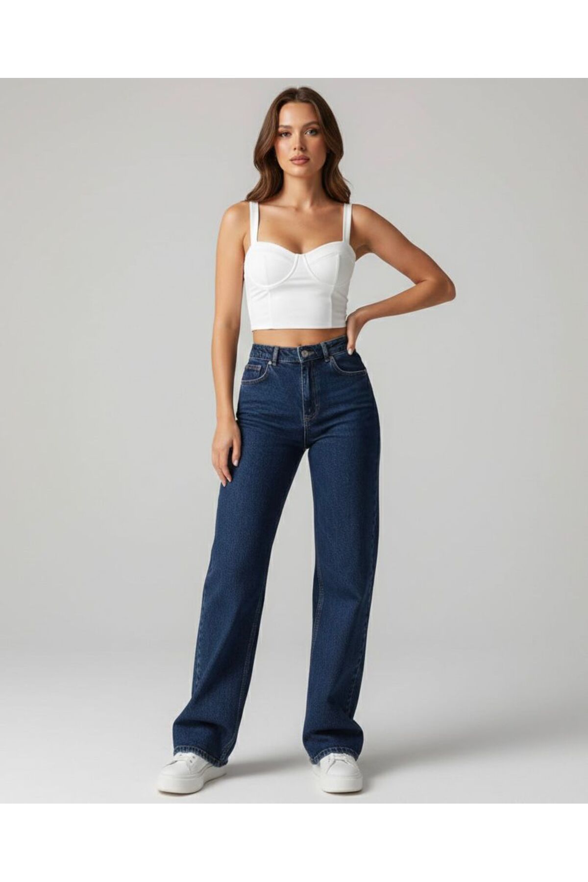 Niko Navy Blue Lycra Super High Waist Loose Jeans Palazzo Pants