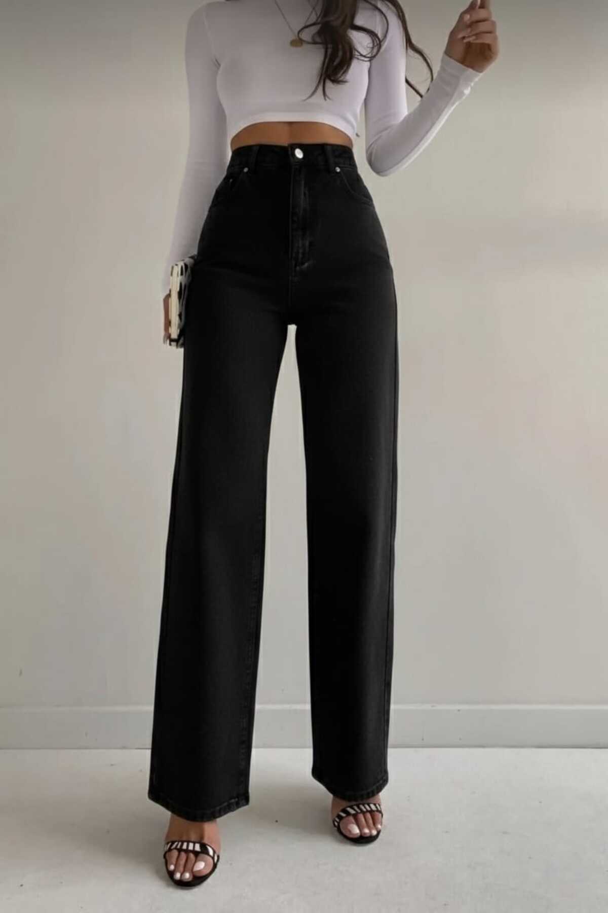 ByCukurovaFrango  Victorine Kadın Simsiyah Süper Yüksek Bel Salaş Likralı Salaş Paça Denim Kot Pantolon - Görsel 2