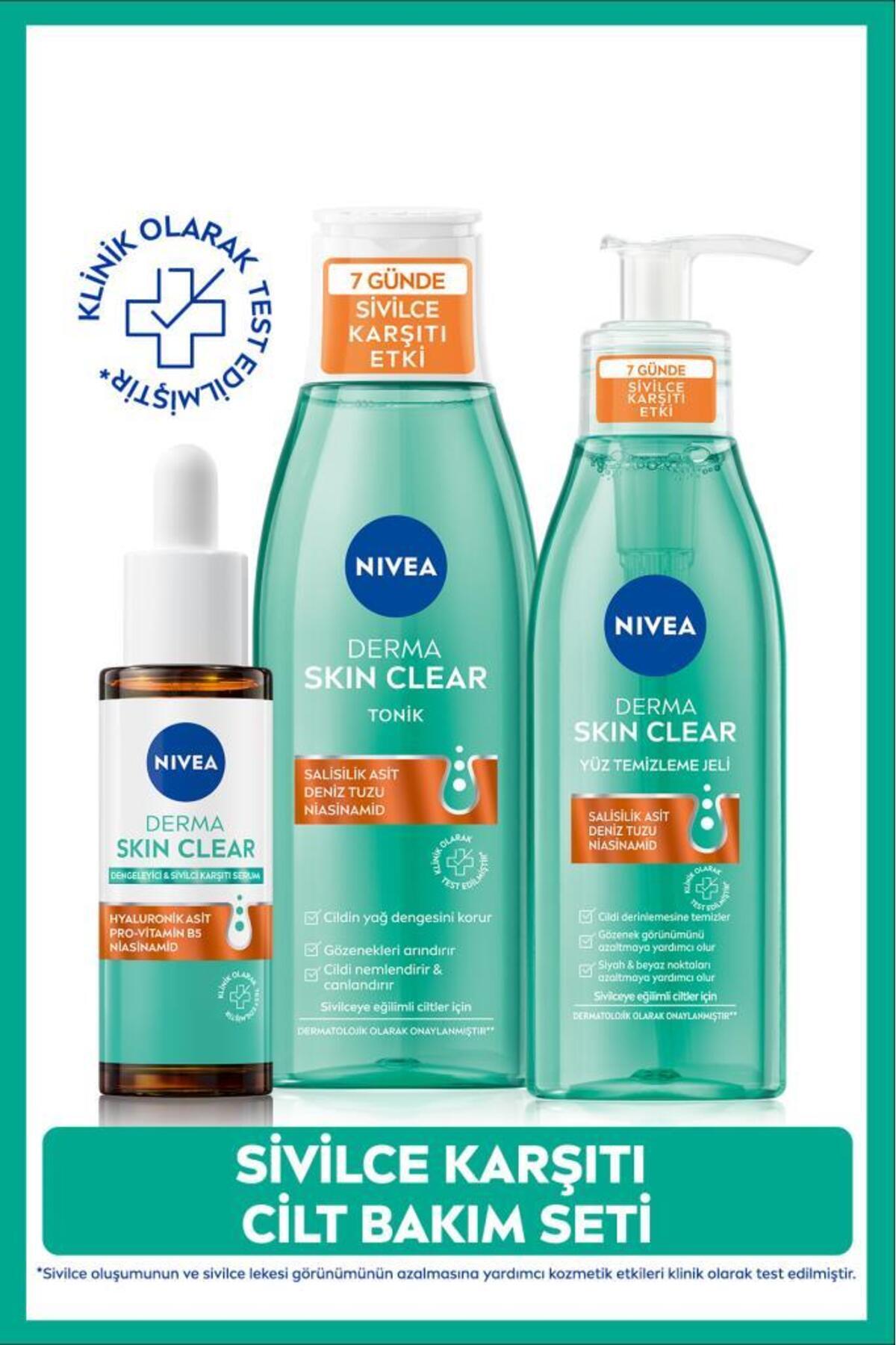 NIVEA Derma Skin Clear Karşıtı Cilt Bakım Seti, Serum 30ml, Yüz Temizleme Jeli 150ml, Tonik 200ml — SET.NVE.1330
