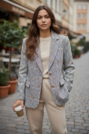 the blazer obsessed Kadın Mavi Bej Yün 40% Karışımlı Blazer Ceket