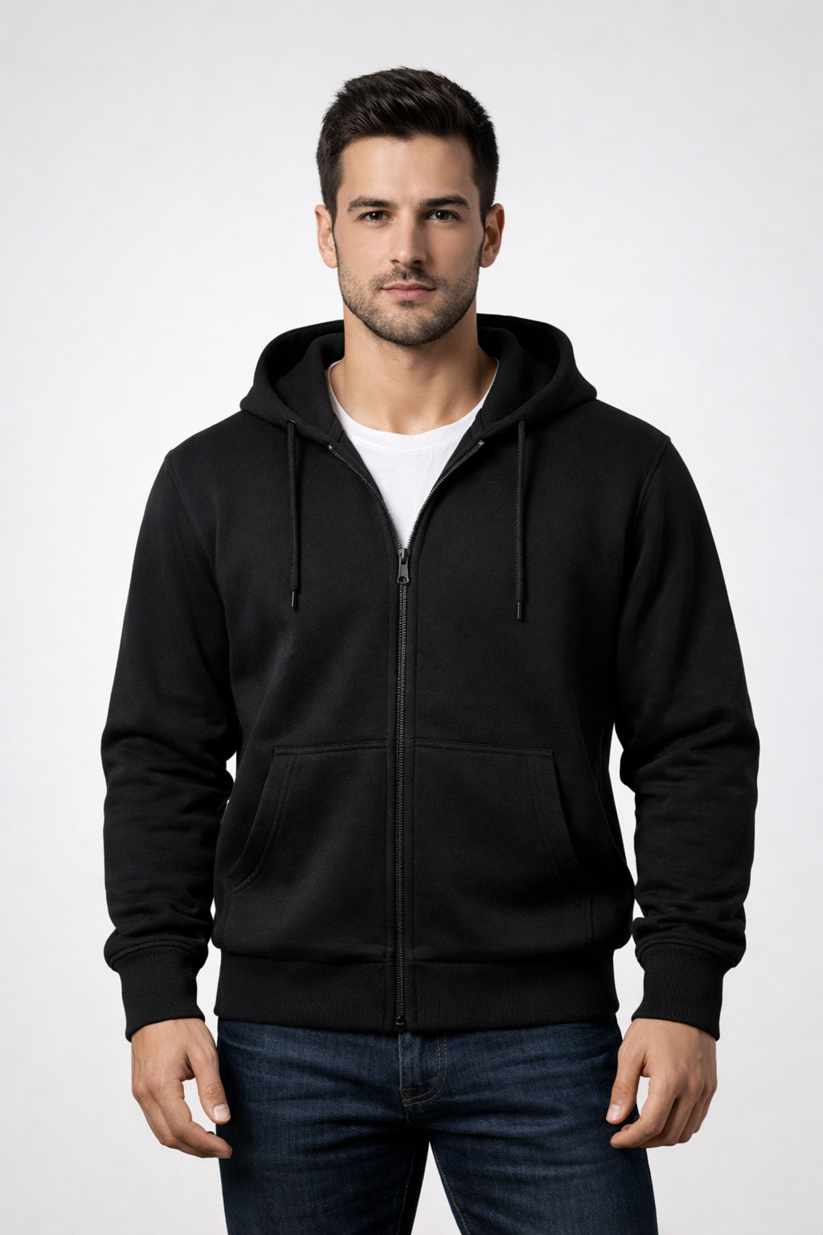 MODA  Relax Fit Rahat Kesim Fermuarlı Çift Cep Kapüşonlu Siyah Ceket