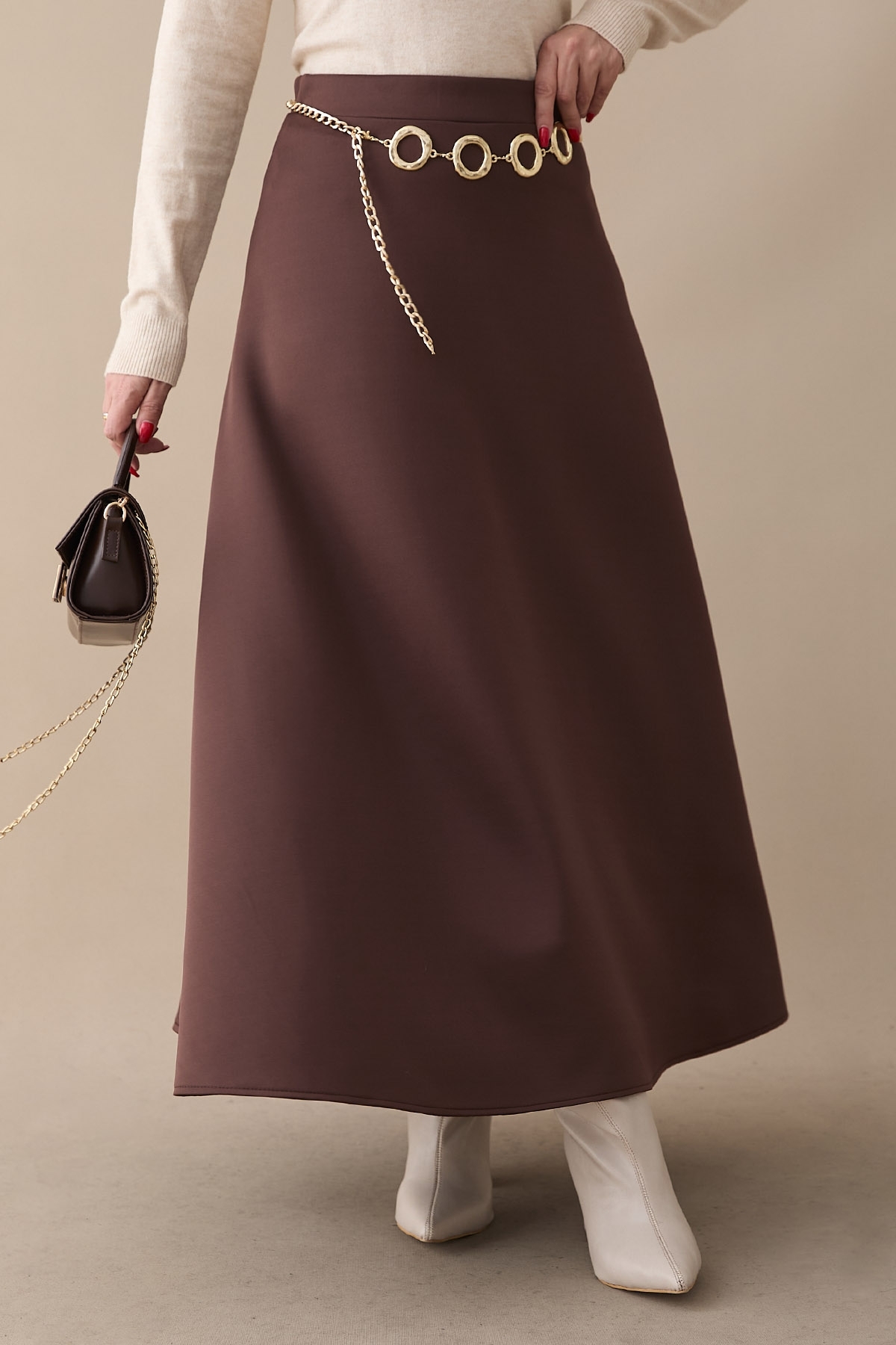 InStyle  Kloş Beli Lastikli Scuba Acı Kahve Etek - Görsel 6