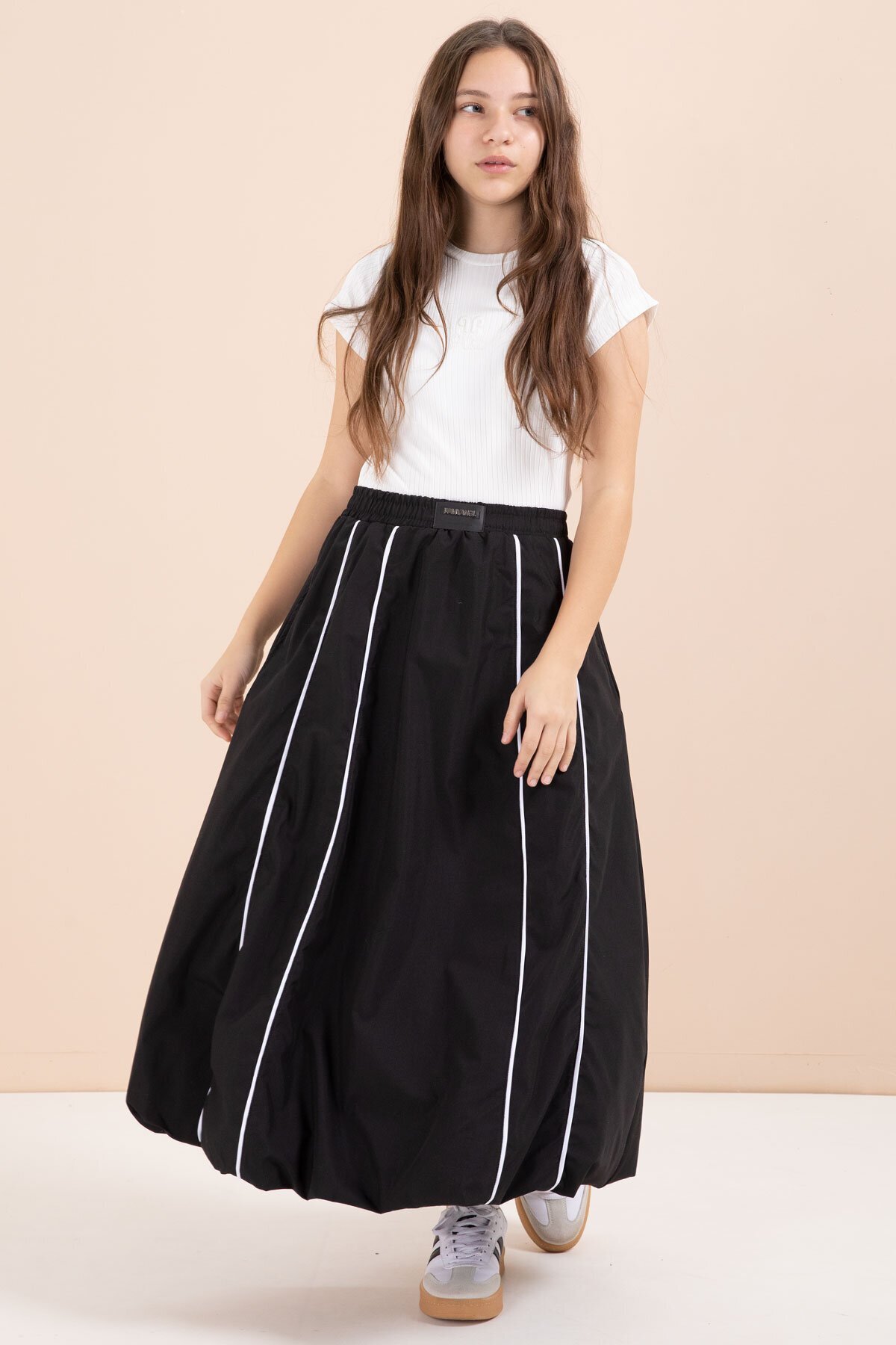 2pcs Baby Girl Set with Black Striped Balloon Skirt and Short Sleeve Badle 23459