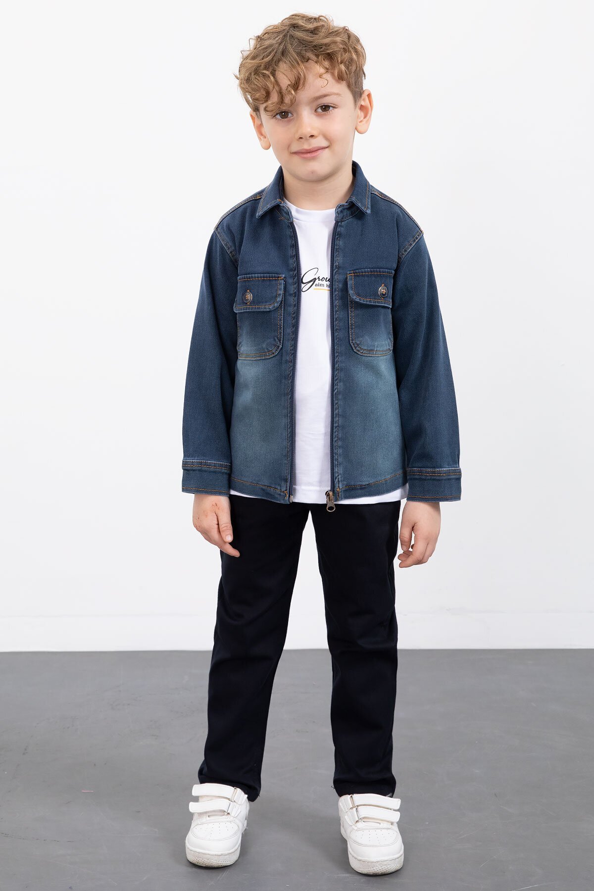 Navy Blue Zippered Jean Jacketed Boy's 3-Piece Set with Pants 23388