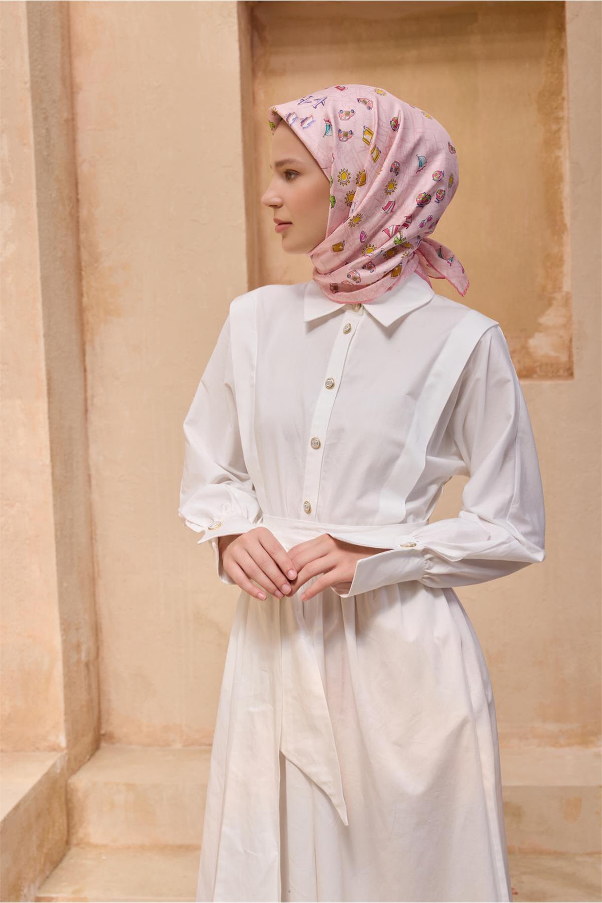 Açık Pembe Obje Desen %100 Twill İpek Eşarp 4121 - 30