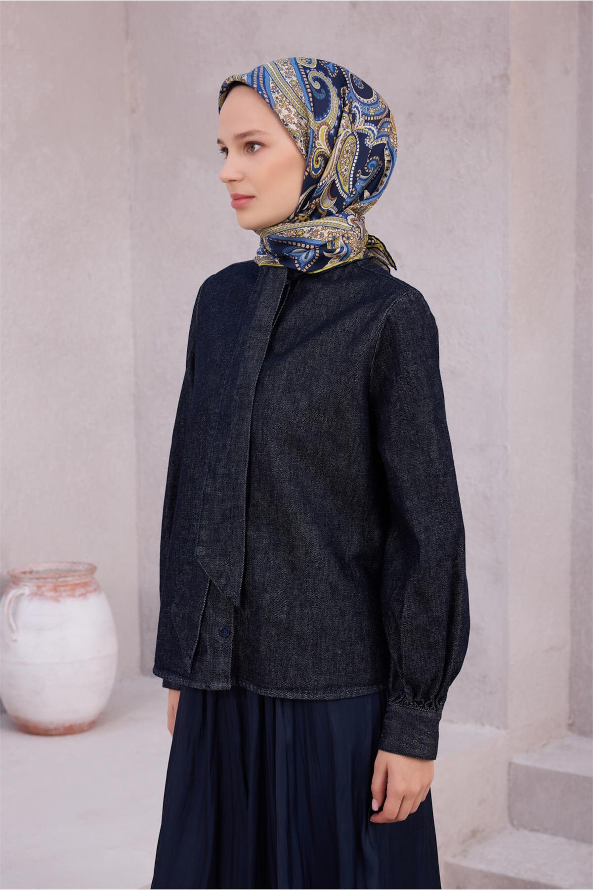 Lacivert Etnik Desen %100 Twill İpek Eşarp 4202 - 83