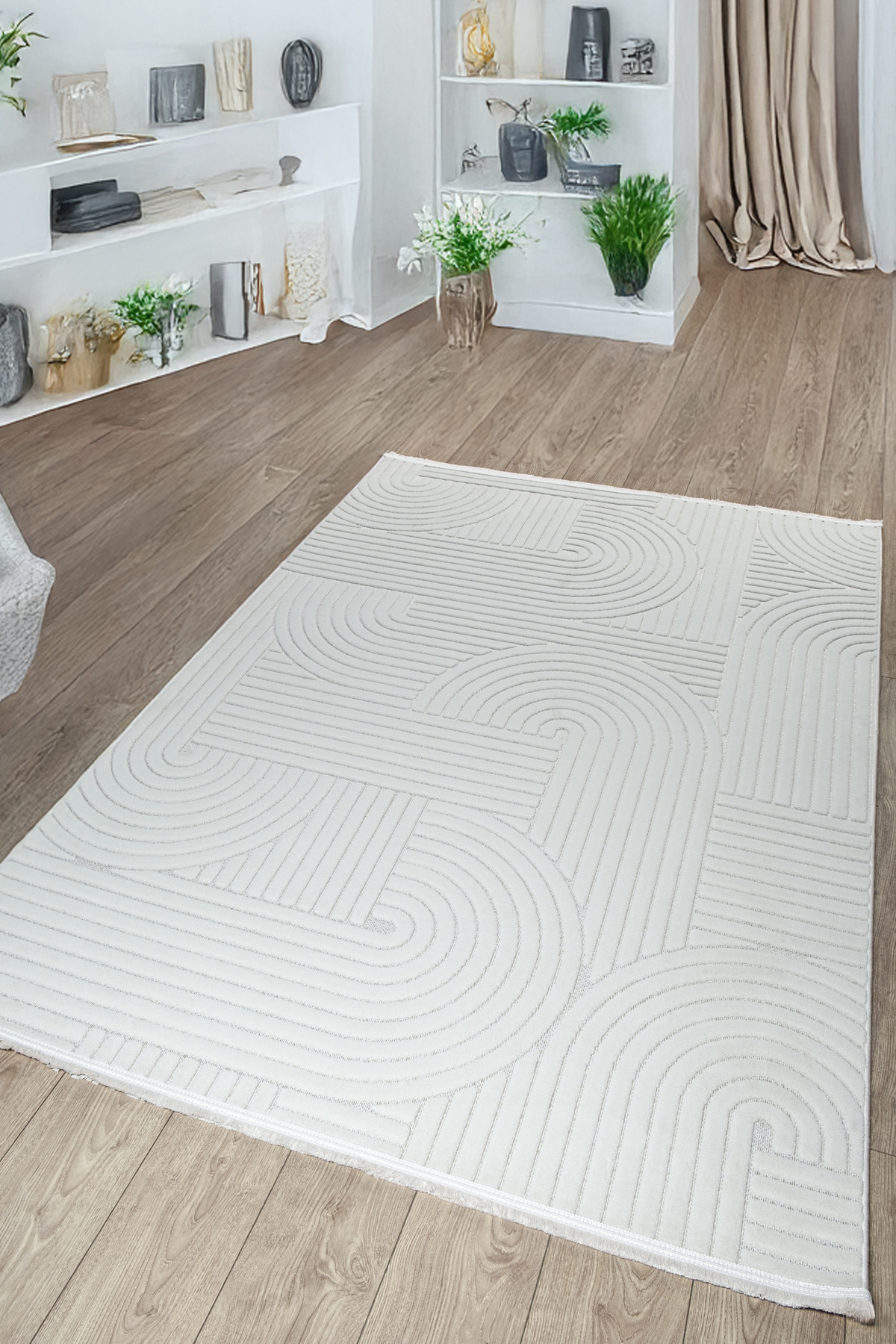 Cream Modern Patterned Irreversible Full Sisal Curl Fringed Seating Children's Runner Room