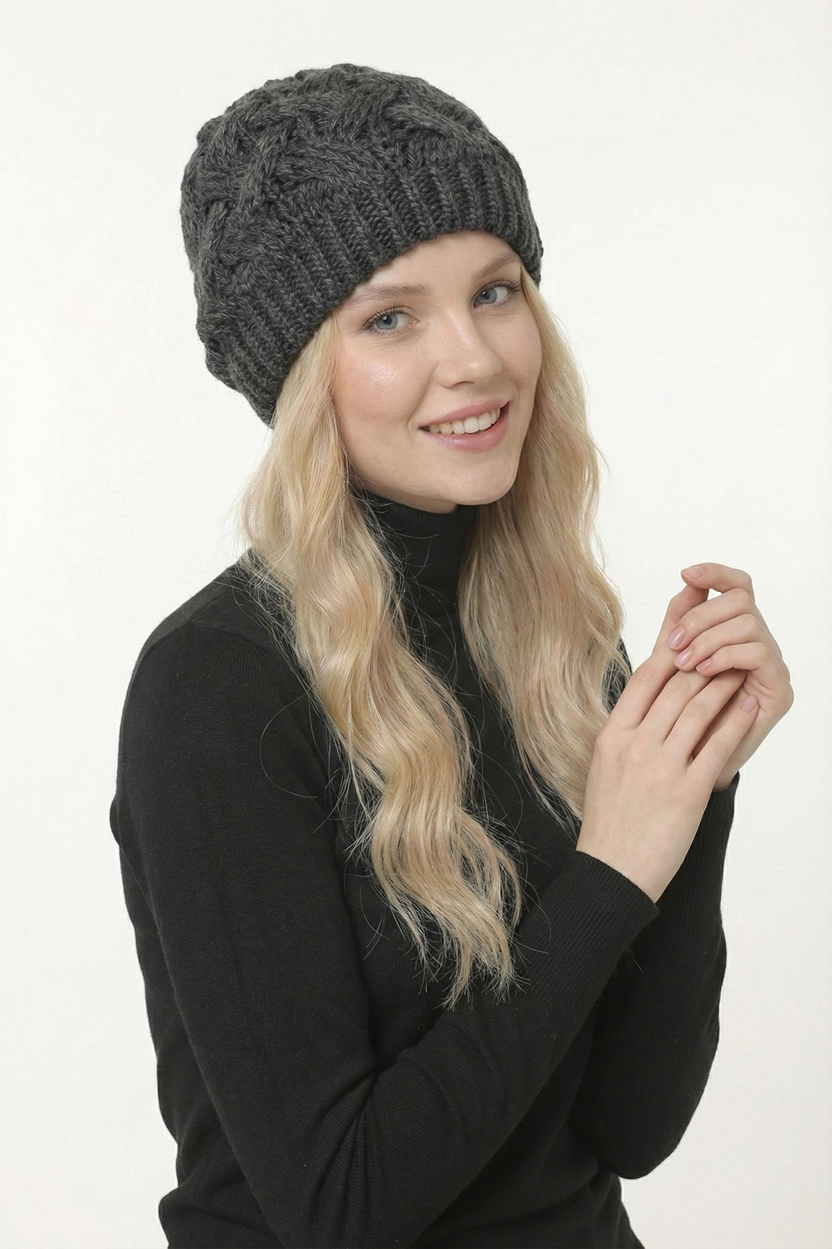 Women's Anthracite Color Hair Weave Patterned Winter Knitwear Beanie - Soft Texture Warm Hat