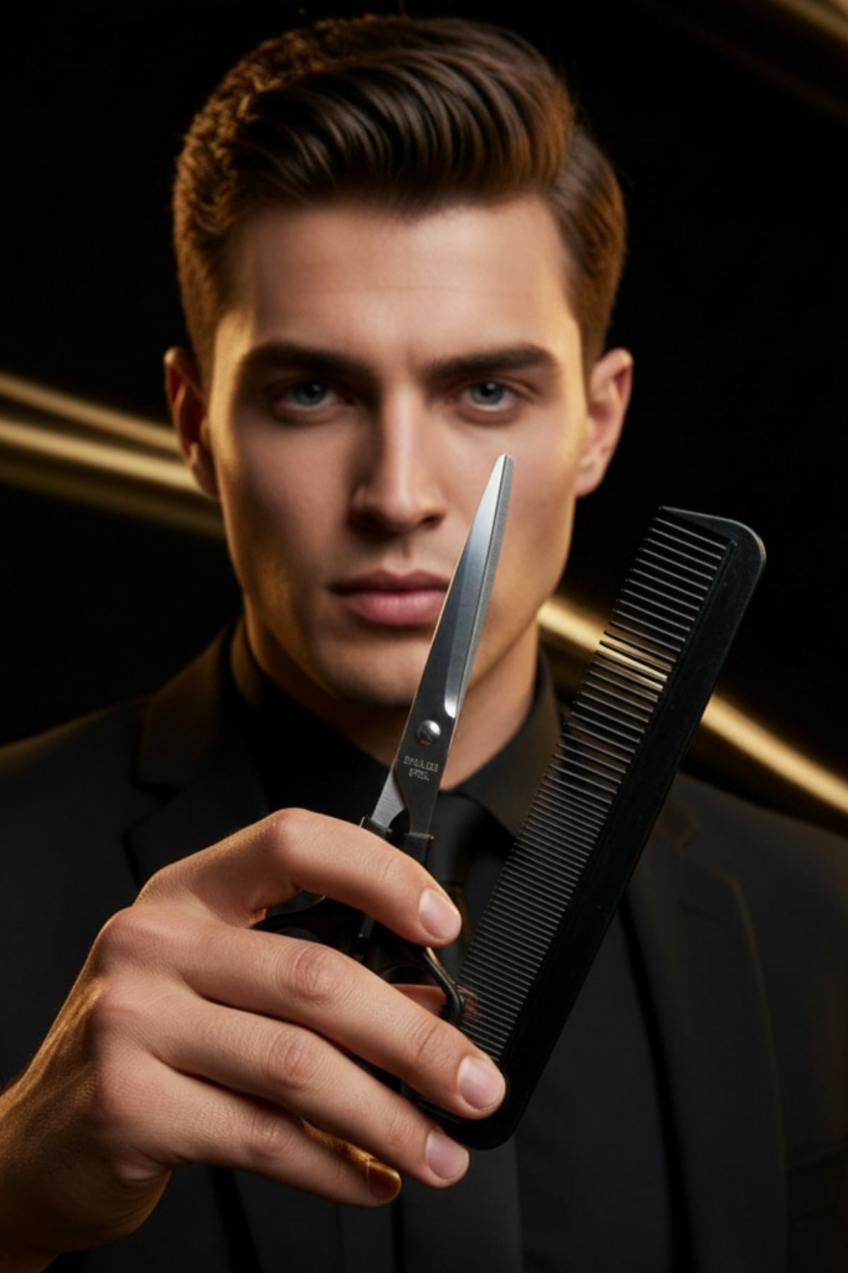 monangel Berber Traş Seti Siyah Renk Plastik Saplı Düz Makas Tarak