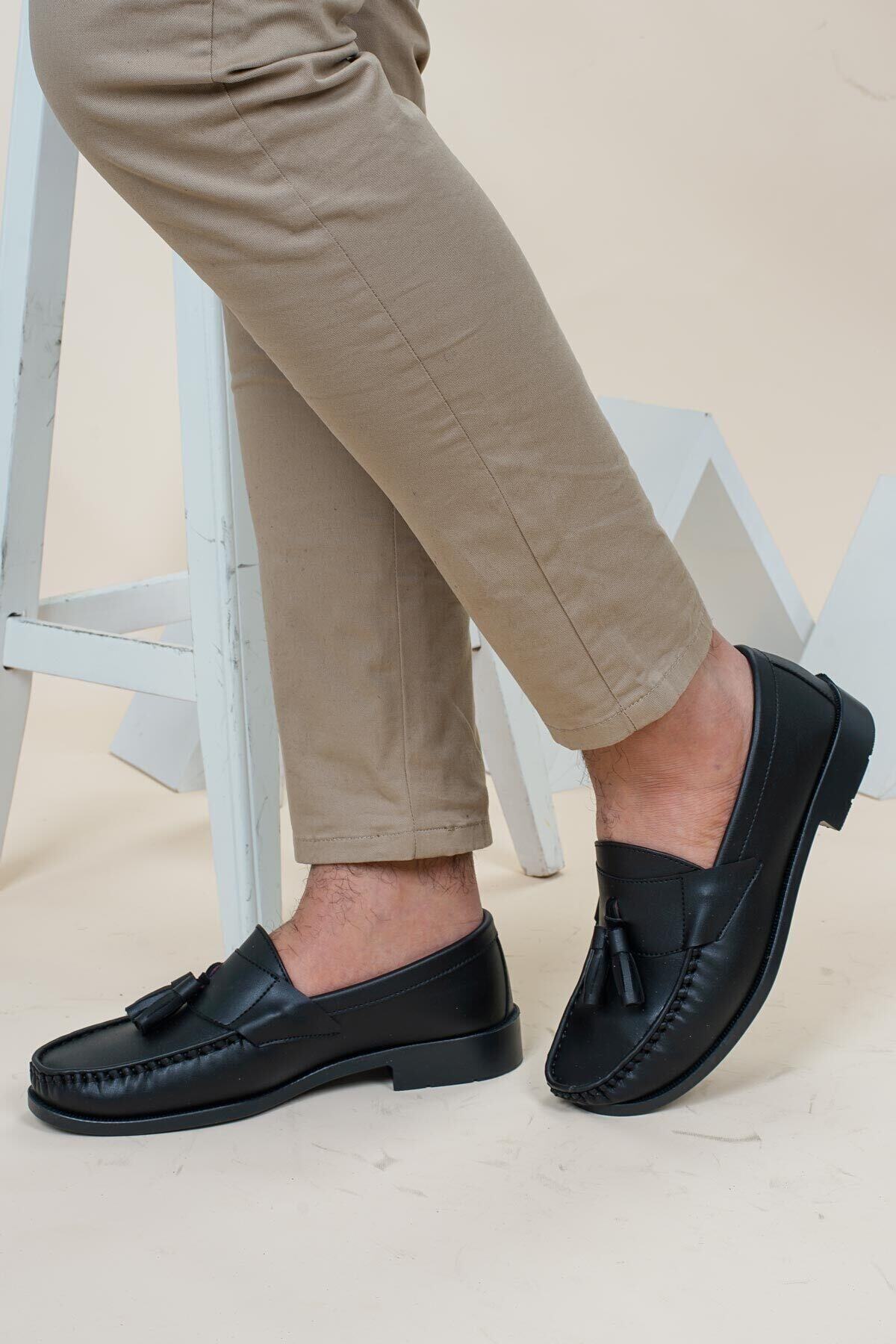 Dayfi Siyah Cilt Erkek Loafer Ayakkabı | Casual Corcik Unisex Günlük Ayakkabı görsel 4