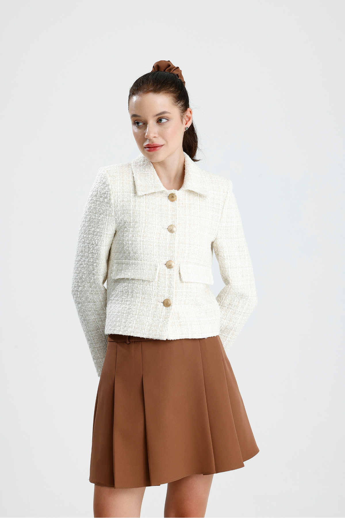 ONE WEAR  Kadın Dore Düğmeli Blazer Tüvit Ceket - Görsel 5