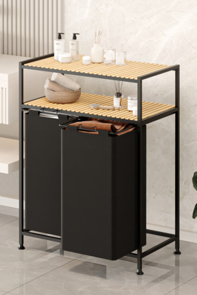 Bino Kirli Sepeti Ahşap Raflı 2 Katlı 2 Bölmeli Kumaş Banyo Dolabı Düzenleyic...