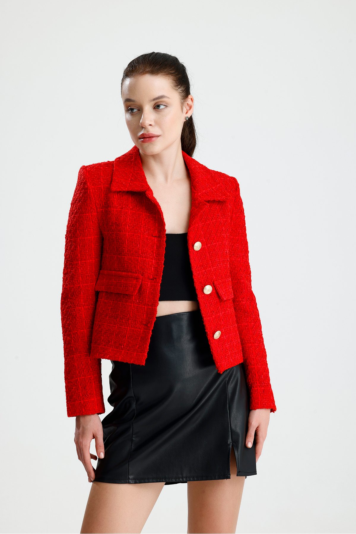 ONE WEAR  Kadın Dore Düğmeli Blazer Tüvit Ceket - Görsel 3