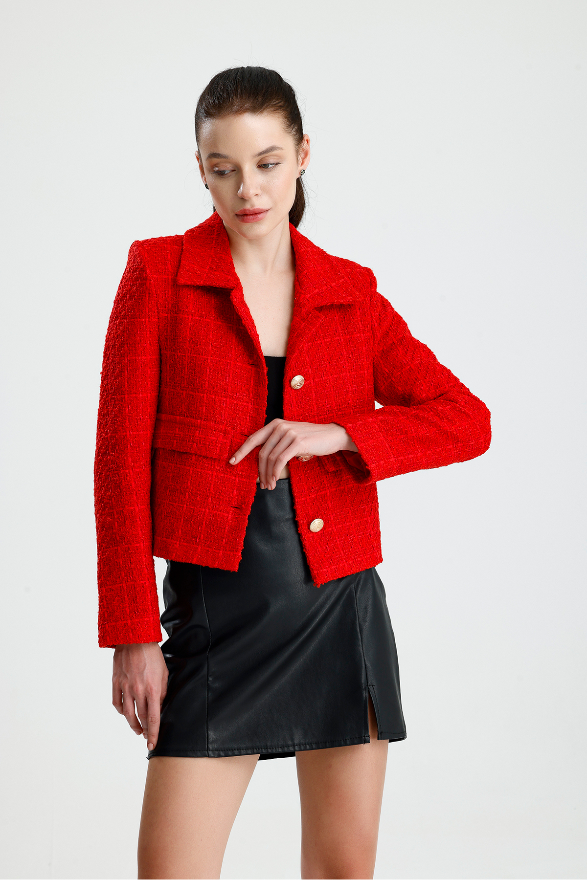 ONE WEAR  Kadın Dore Düğmeli Blazer Tüvit Ceket - Görsel 8