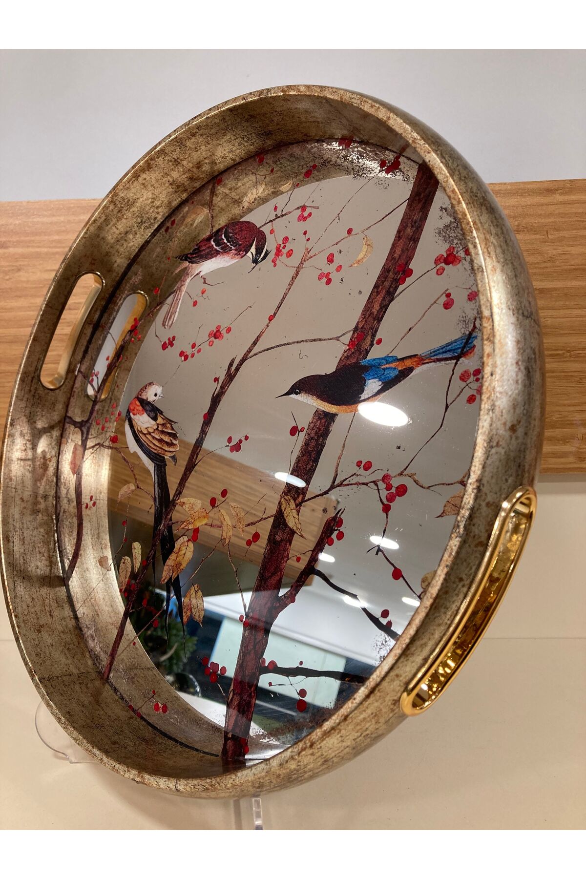 PLUS HOME Tray Wooden Mirror Detail Bird Pattern Round Flat Tray Model Color Antique Aged Medium Size Diameter 35 cm