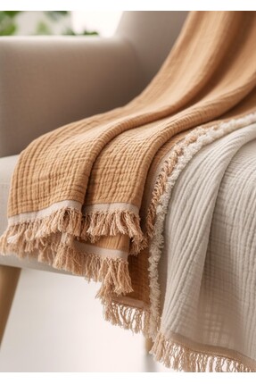 Mujo Home Collection %100 Organik Pamuk 4 Katlı Müslin Koltuk Şalı - TV Batta...