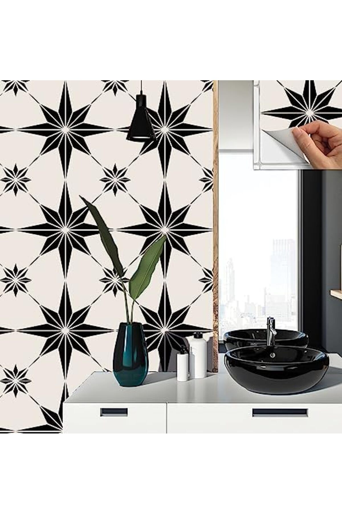 BRF BFSX Kendinden Yapışkanlı Çıkartması, Zemin Duvar Kaplama, Yapışkanlı Kaplama PVC Siyah Yıldız Desen