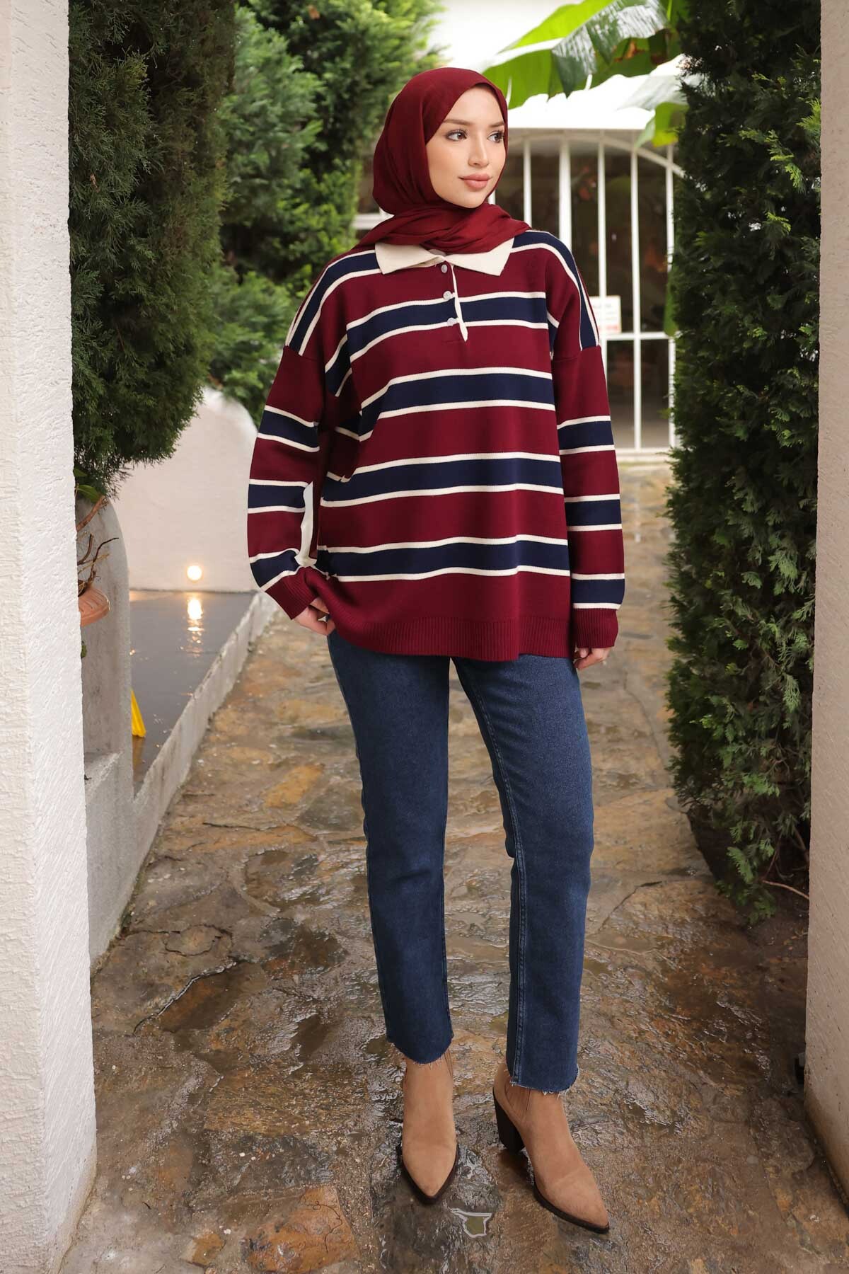 İmajButik Bordo Çizgili Yakalı Triko Kazak