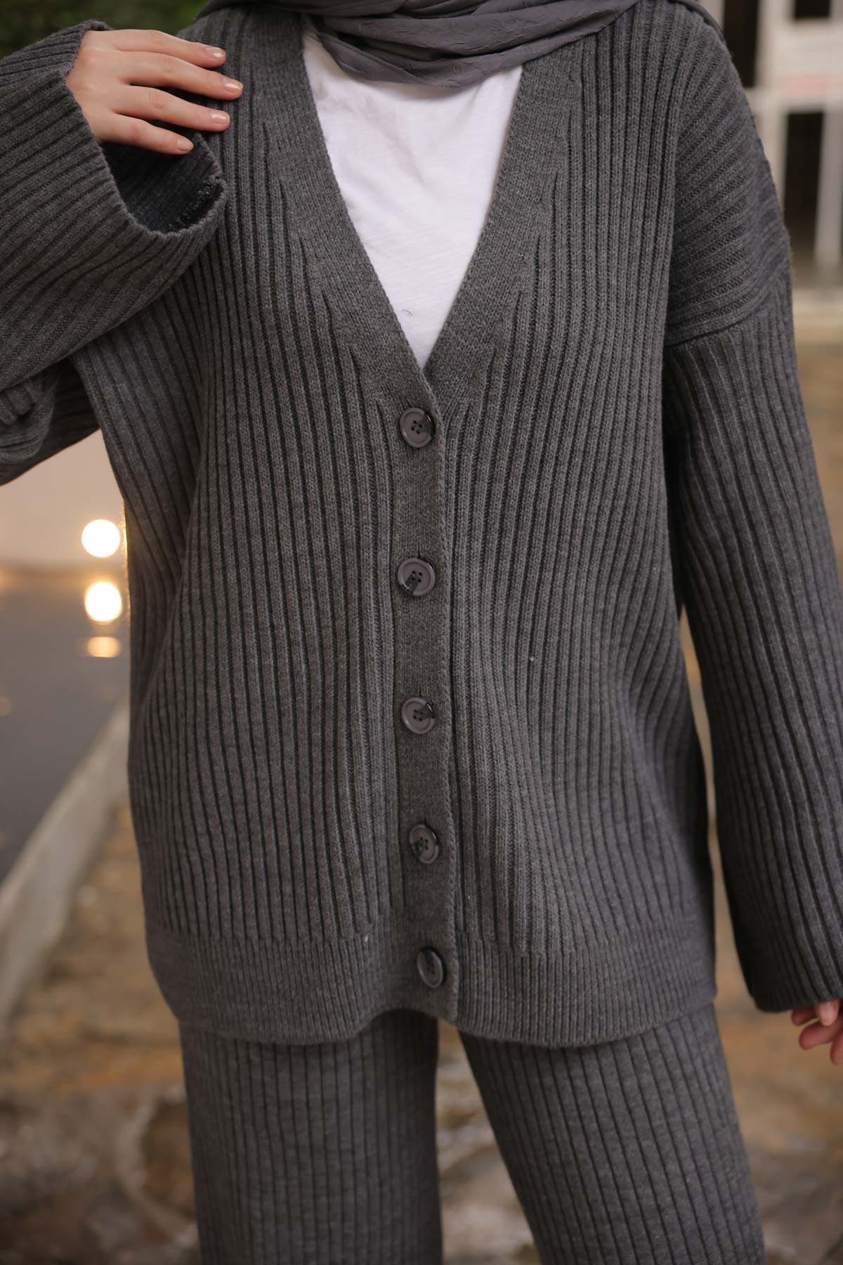 İmajButik Füme Selanik Örme Hırka Pantolonlu Triko Takım görsel 3